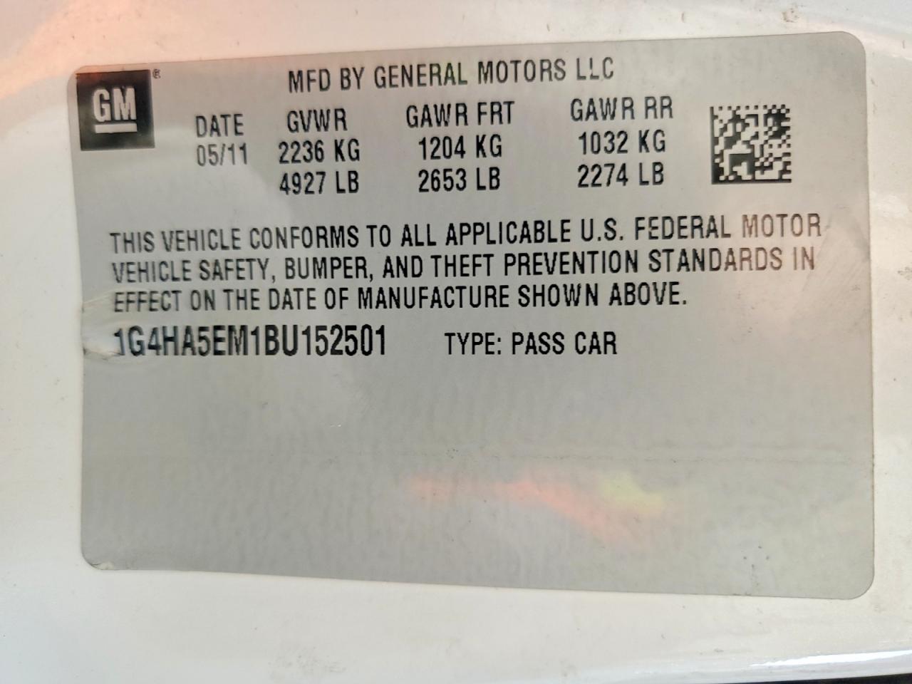 2011 Buick Lucerne Cx White vin: 1G4HA5EM1BU152501