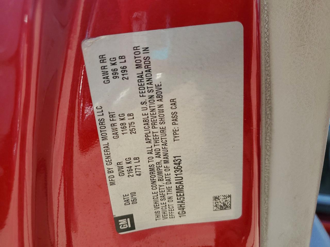 2010 Buick Lucerne Cx Red vin: 1G4HA5EM5AU136431