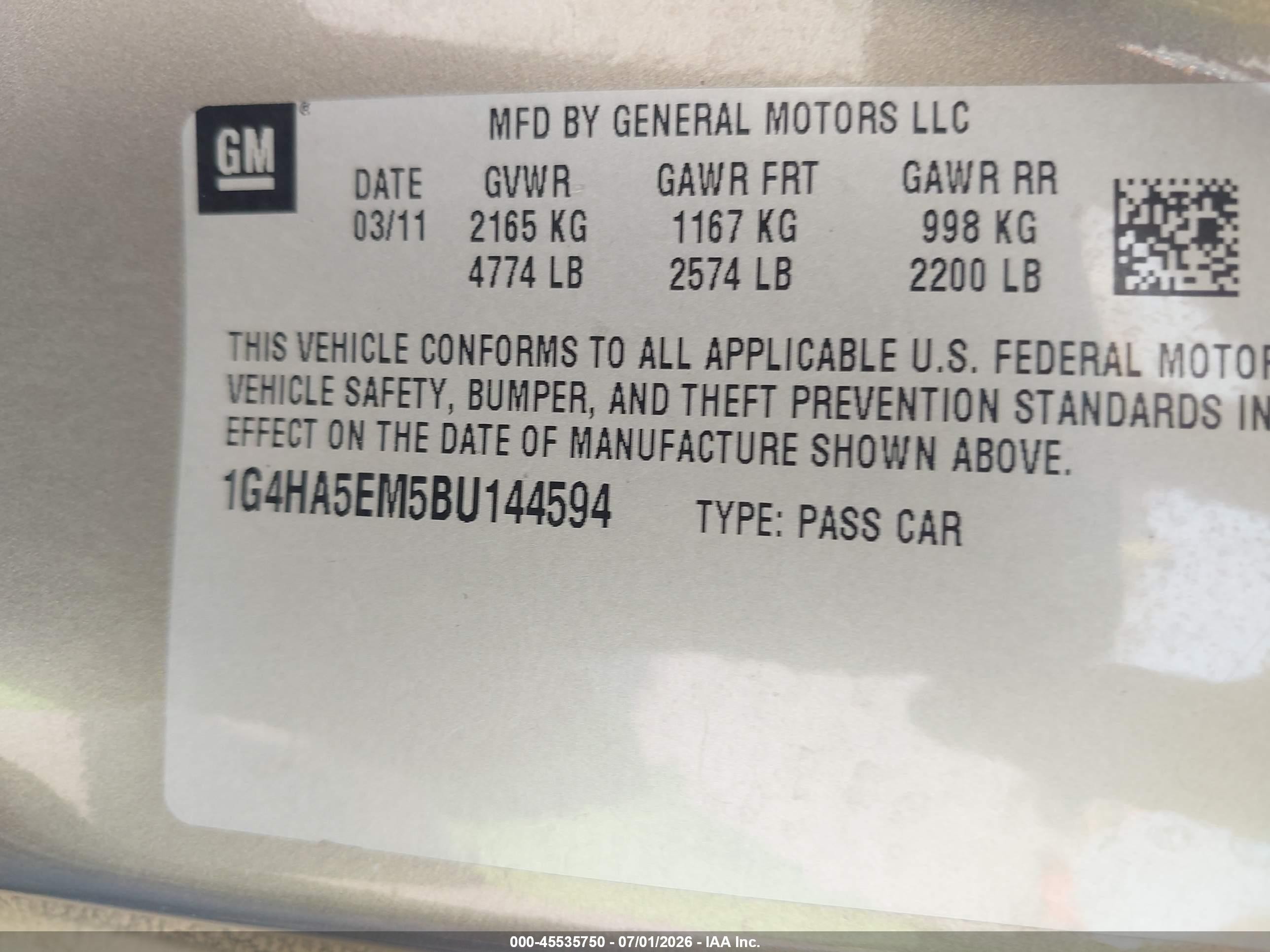 2011 Buick Lucerne Cx Tan vin: 1G4HA5EM5BU144594