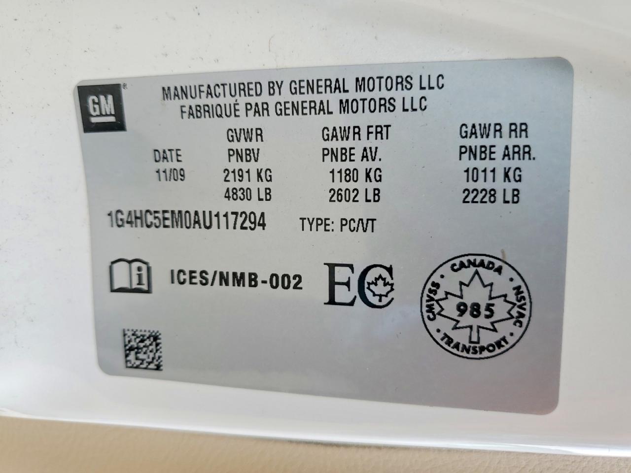 2010 Buick Lucerne Cxl White vin: 1G4HC5EM0AU117294