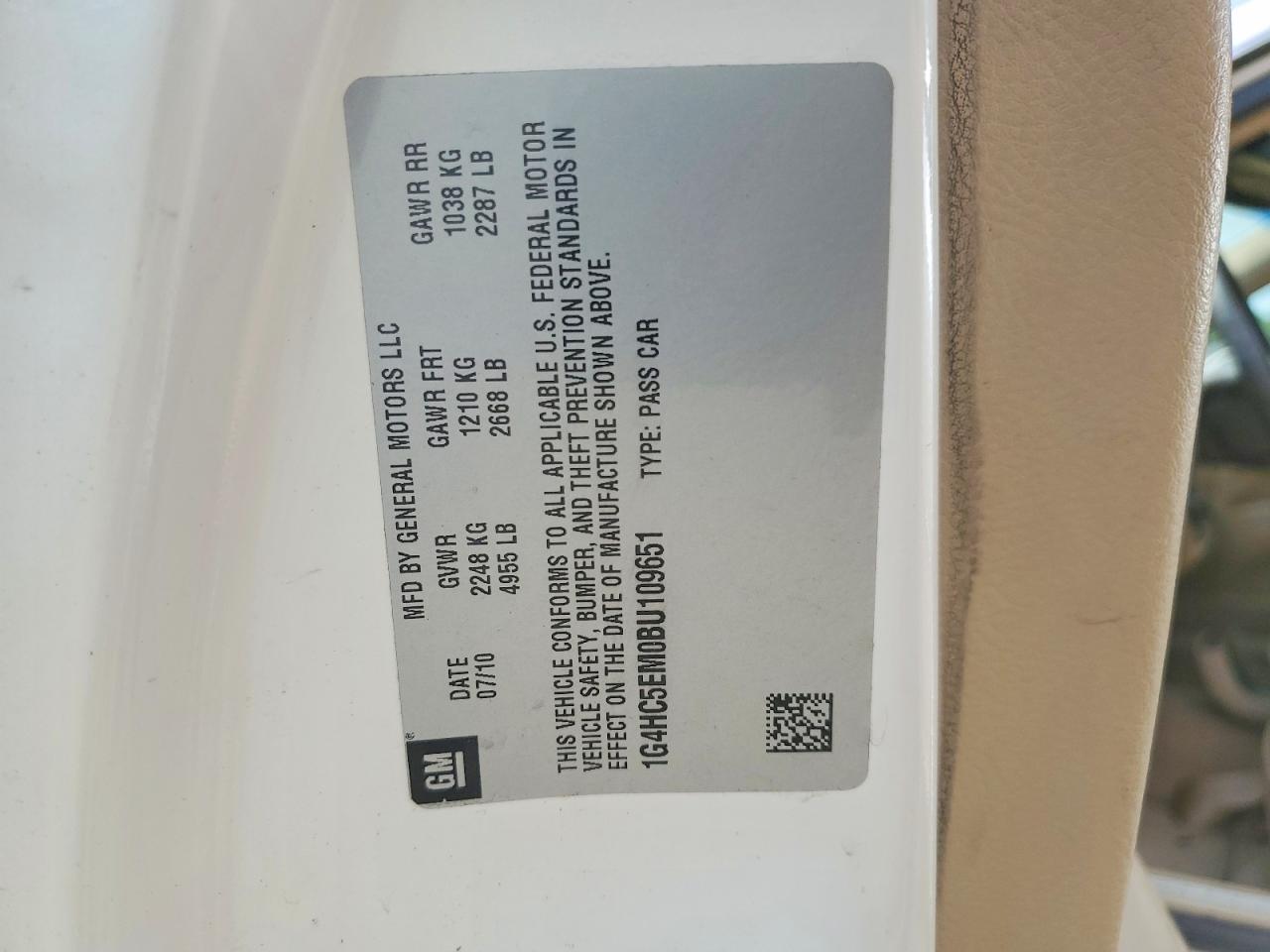 2011 Buick Lucerne Cxl White vin: 1G4HC5EM0BU109651