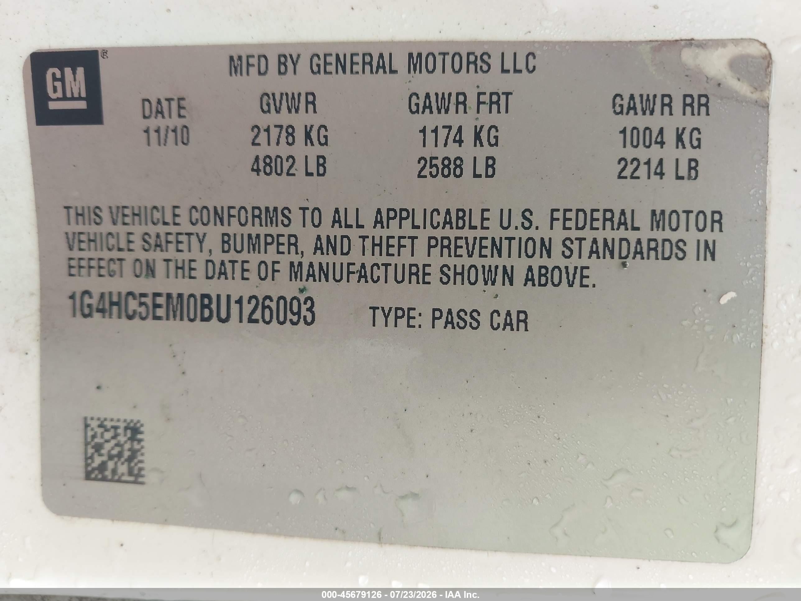 2011 Buick Lucerne Cxl White vin: 1G4HC5EM0BU126093