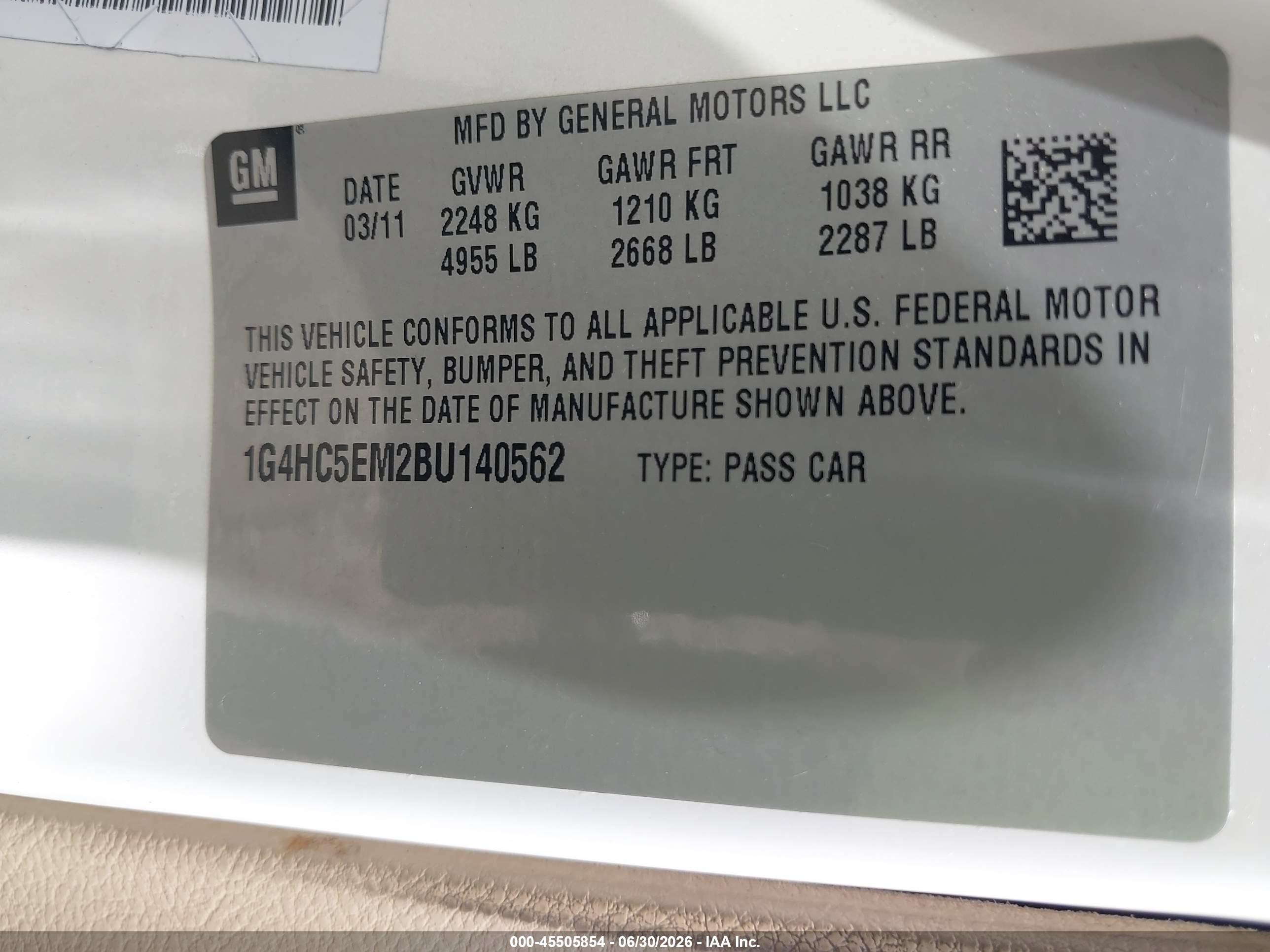 2011 Buick Lucerne Cxl White vin: 1G4HC5EM2BU140562