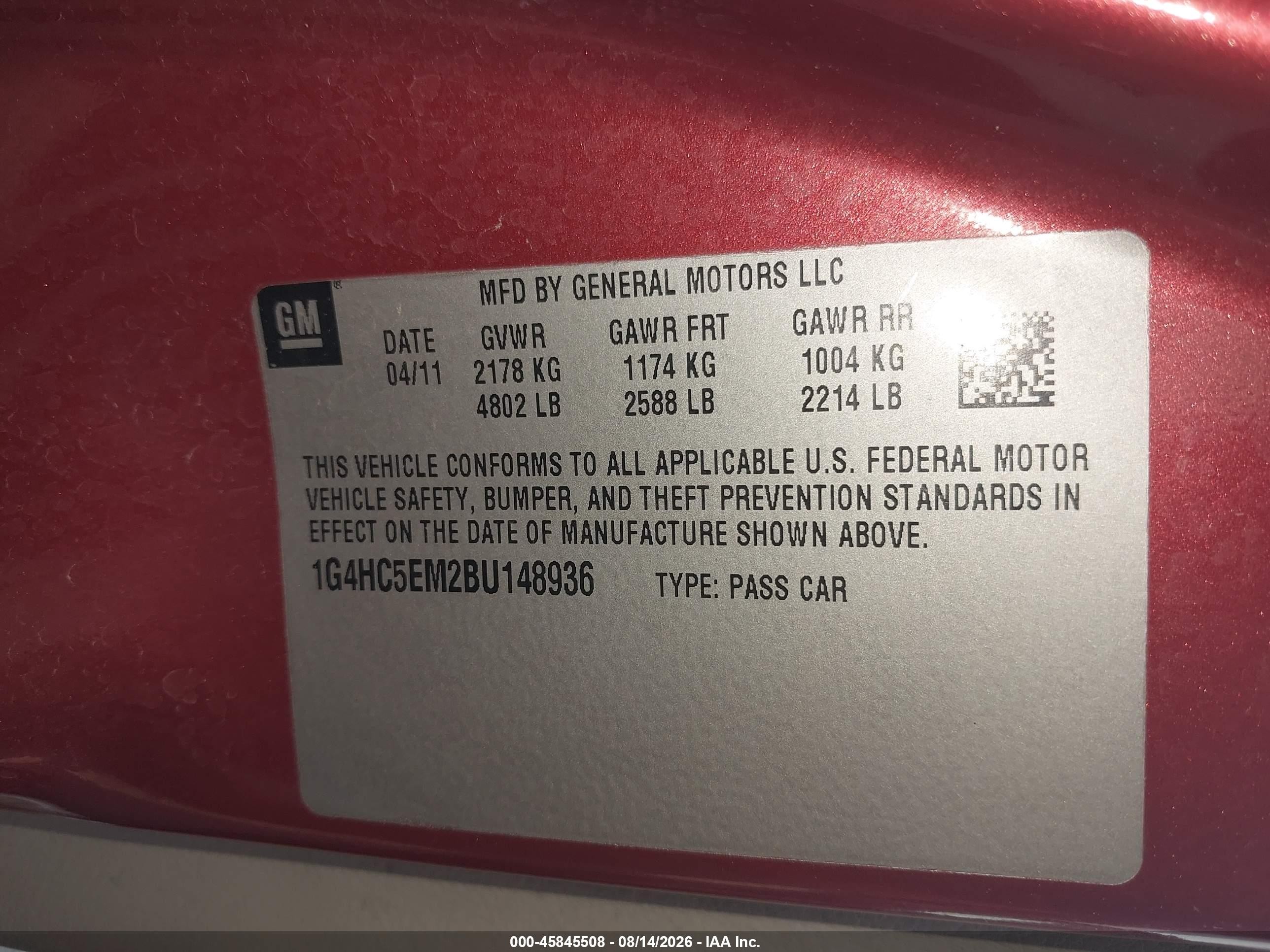 2011 Buick Lucerne Cxl Red vin: 1G4HC5EM2BU148936