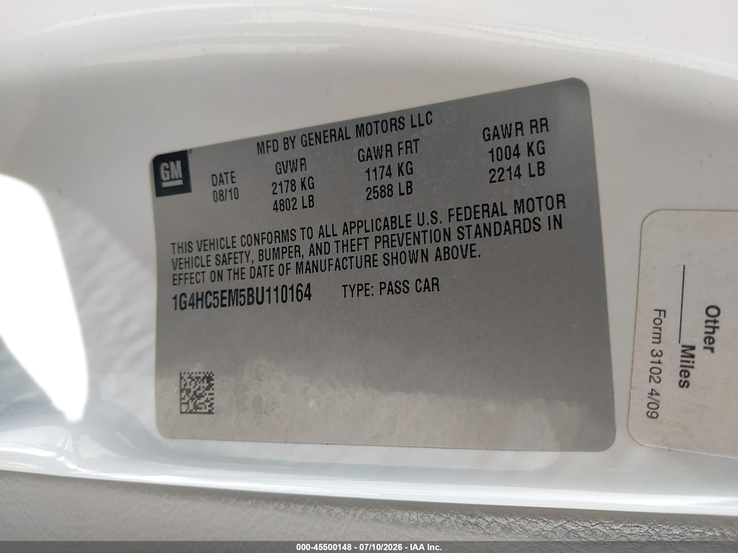 2011 Buick Lucerne Cxl White vin: 1G4HC5EM5BU110164