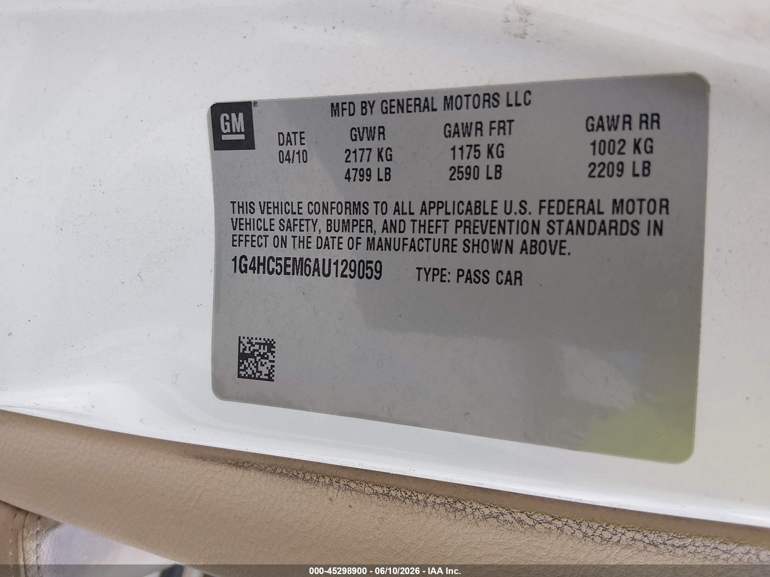 2010 Buick Lucerne Cxl White vin: 1G4HC5EM6AU129059