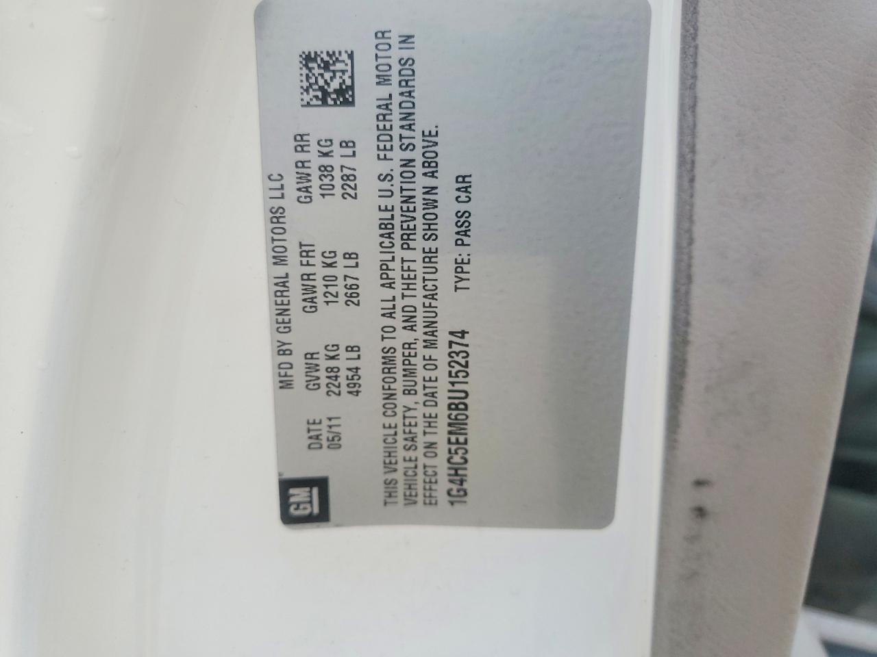 2011 Buick Lucerne Cxl White vin: 1G4HC5EM6BU152374