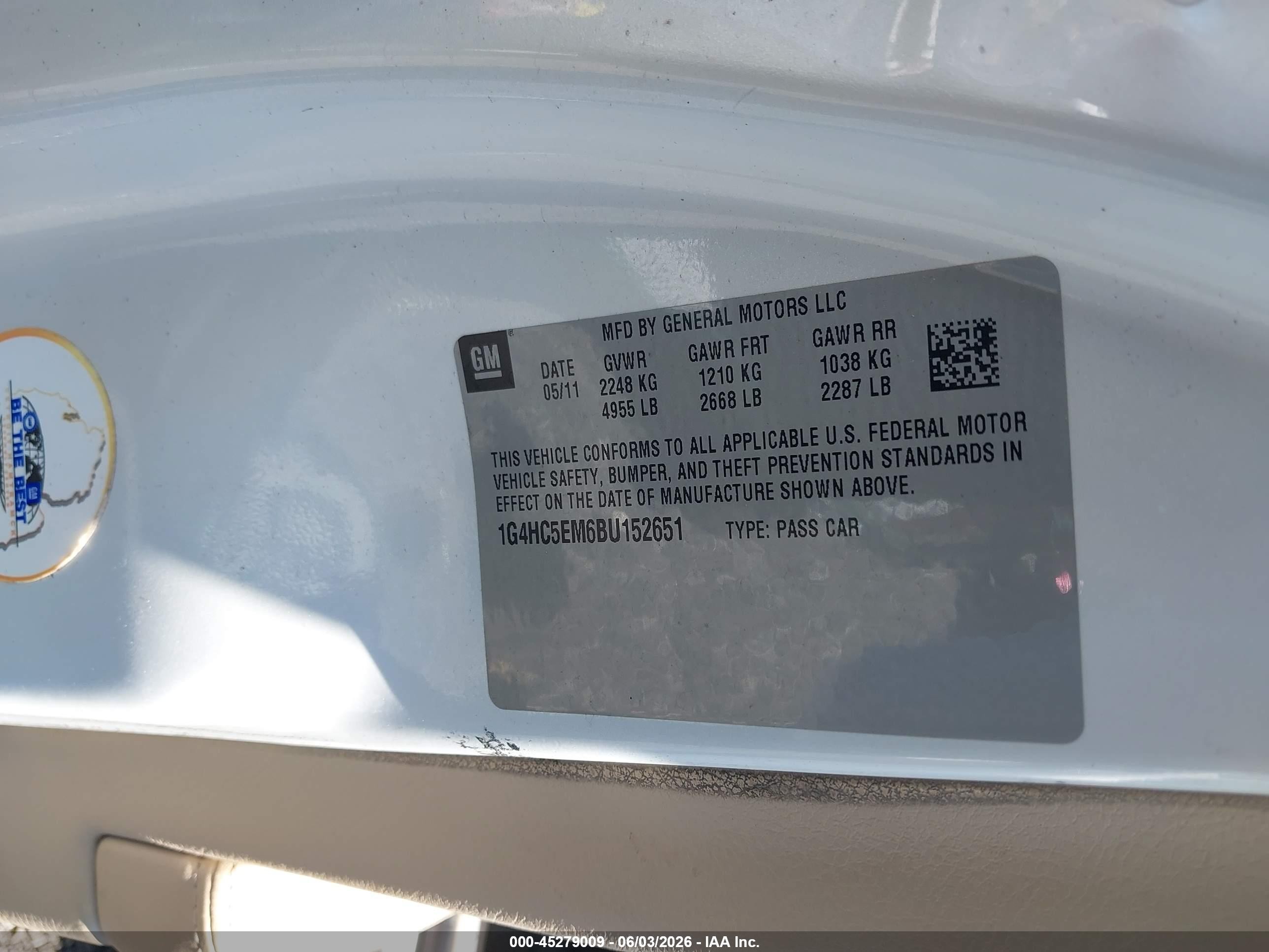 2011 Buick Lucerne Cxl White vin: 1G4HC5EM6BU152651