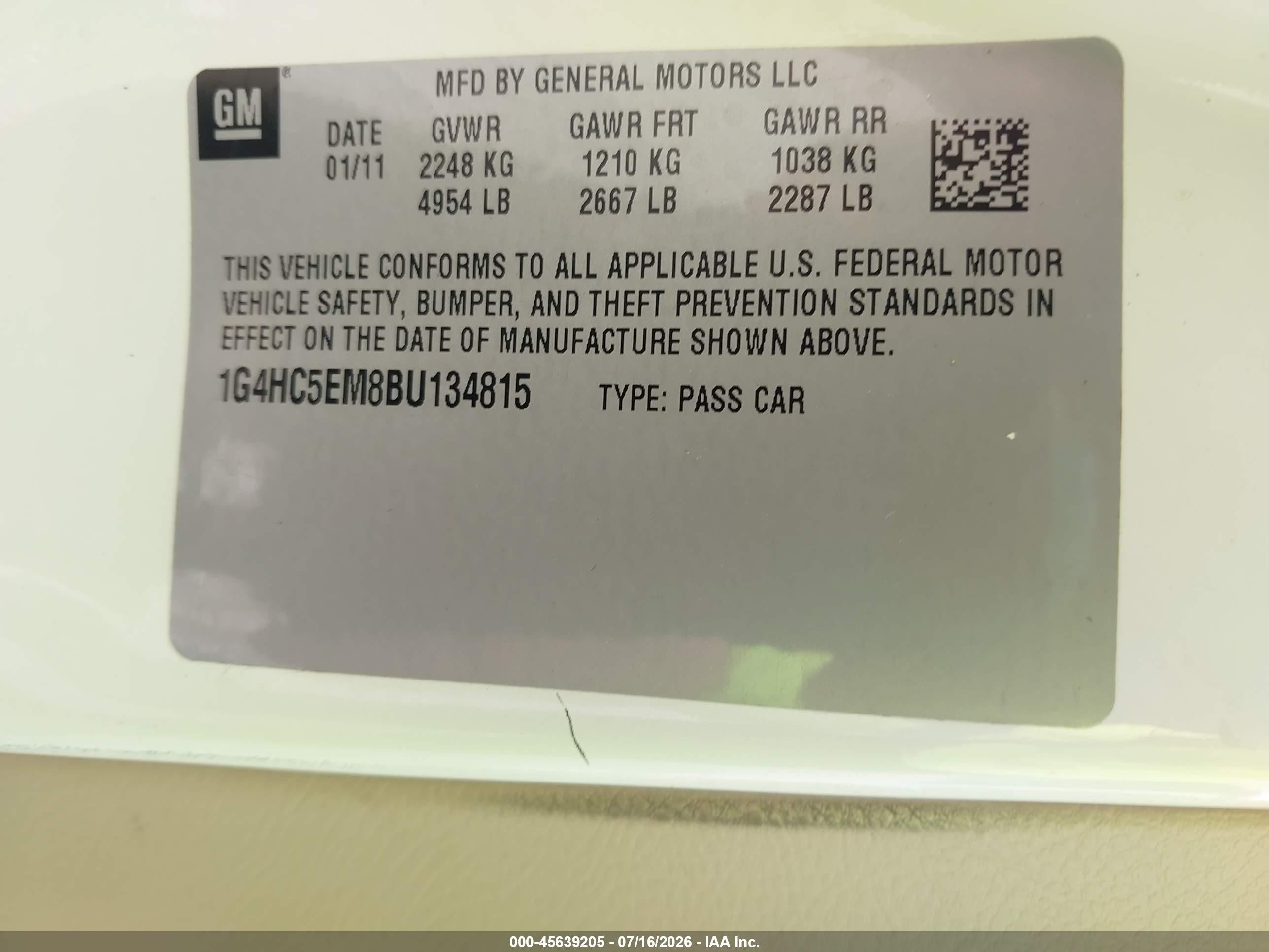 2011 Buick Lucerne Cxl White vin: 1G4HC5EM8BU134815