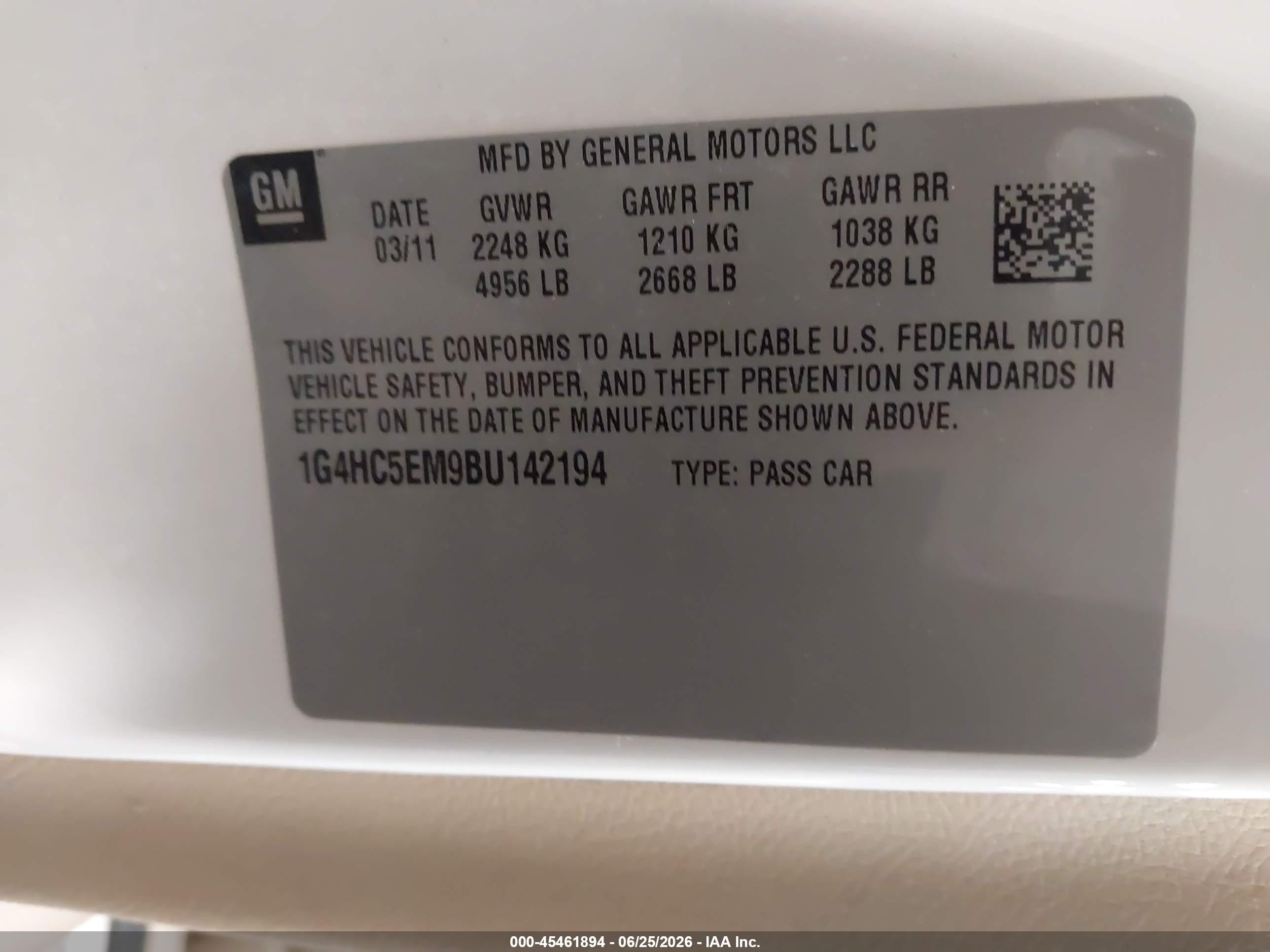 2011 Buick Lucerne Cxl White vin: 1G4HC5EM9BU142194