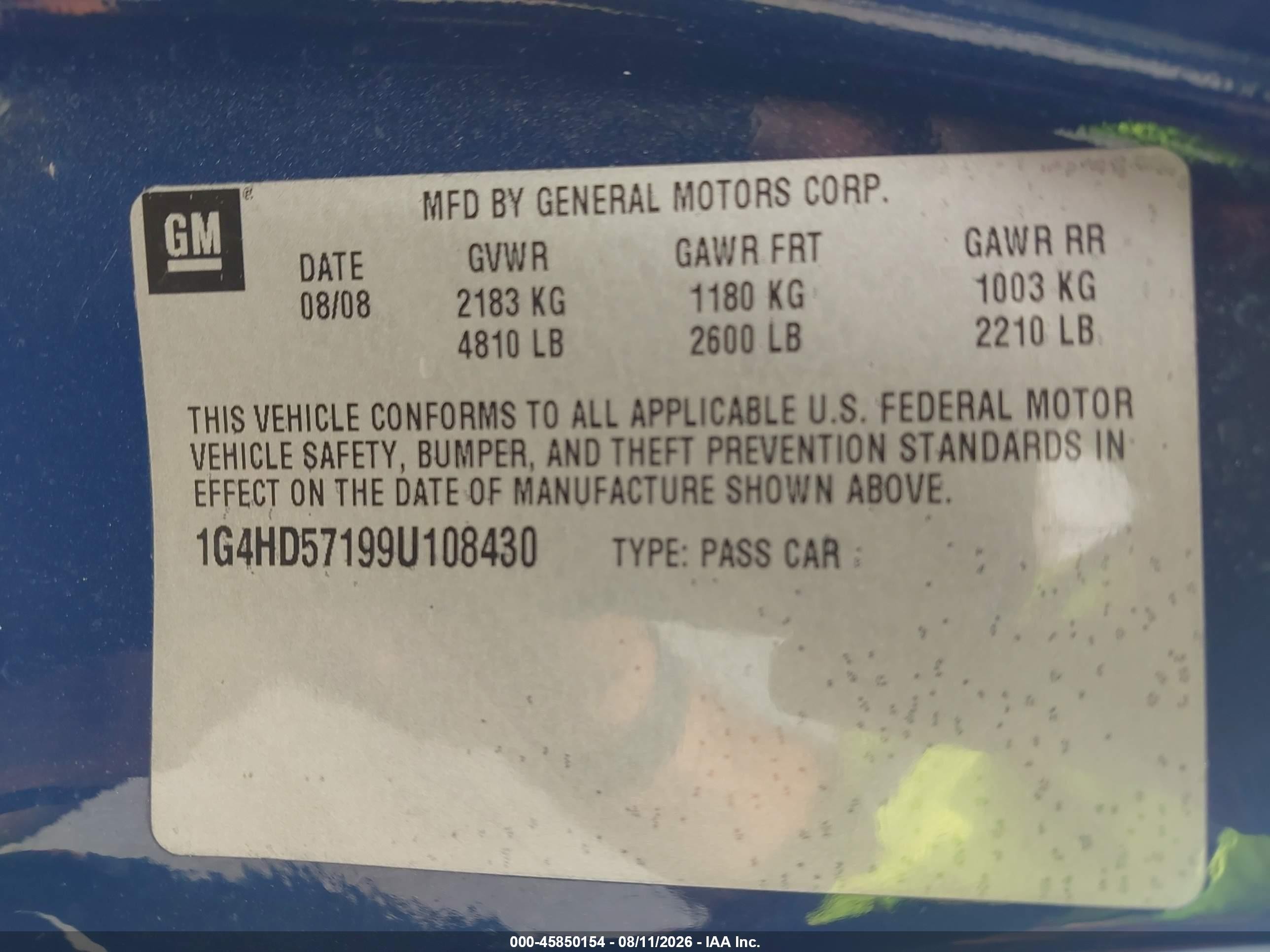 2009 Buick Lucerne Cxl-3 Blue vin: 1G4HD57199U108430