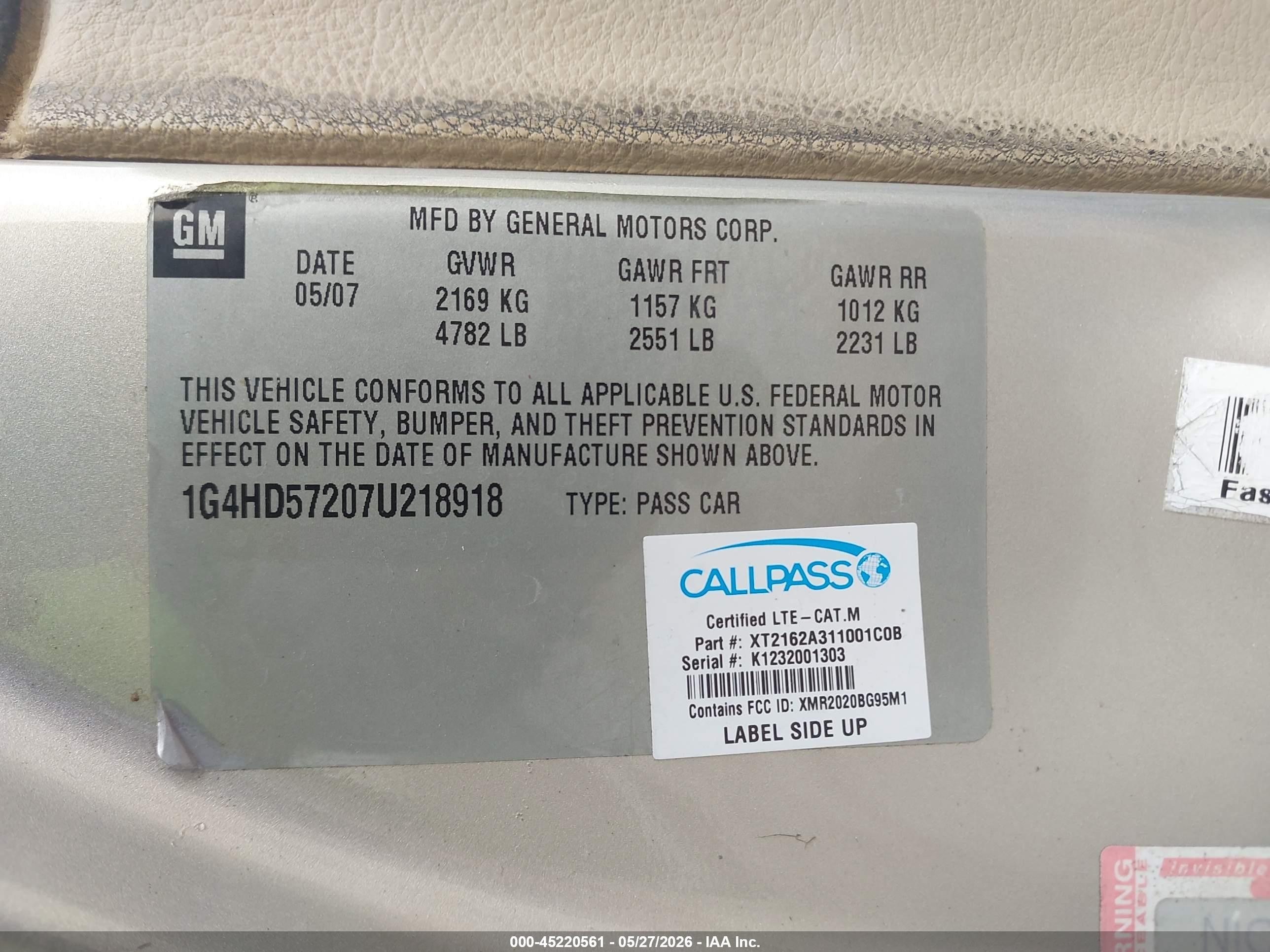 2007 Buick Lucerne Cxl Gold vin: 1G4HD57207U218918