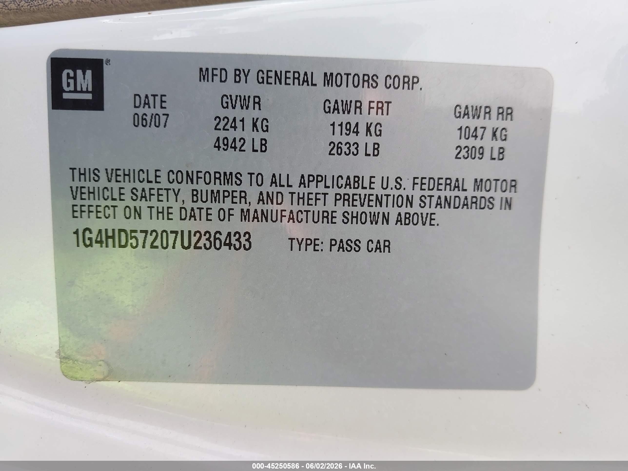 2007 Buick Lucerne Cxl White vin: 1G4HD57207U236433