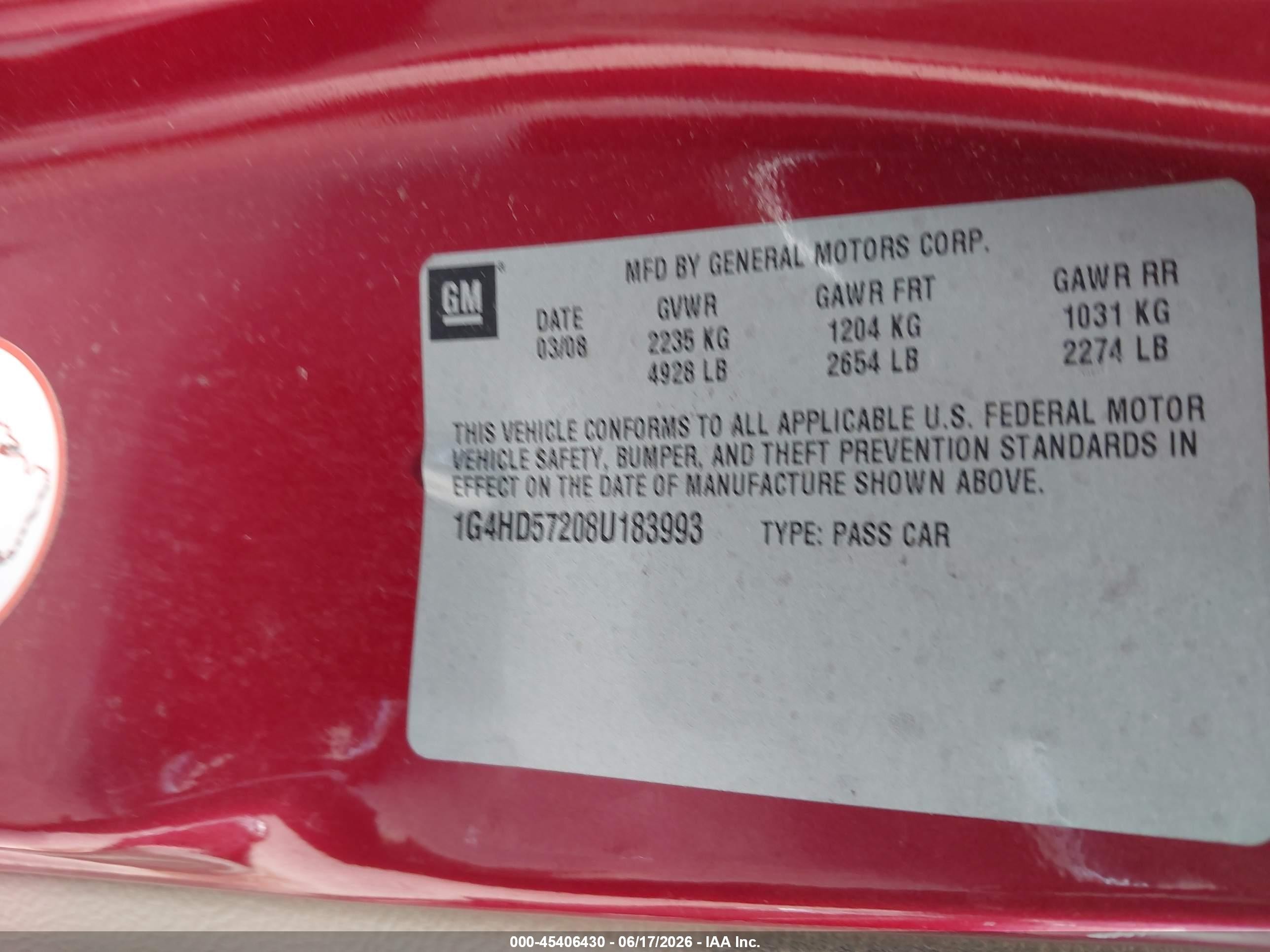 2008 Buick Lucerne Cxl Red vin: 1G4HD57208U183993