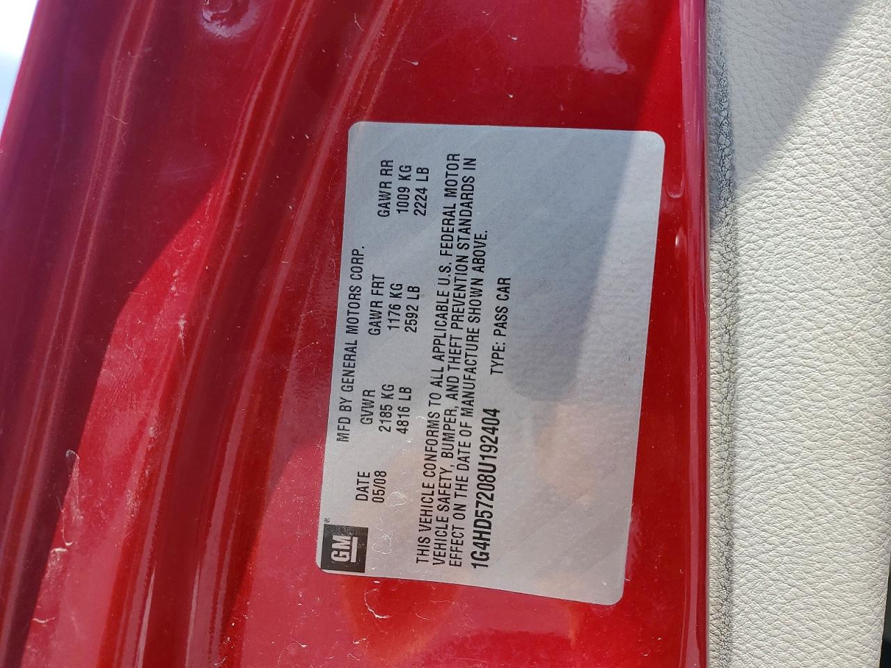 2008 Buick Lucerne Cxl Red vin: 1G4HD57208U192404