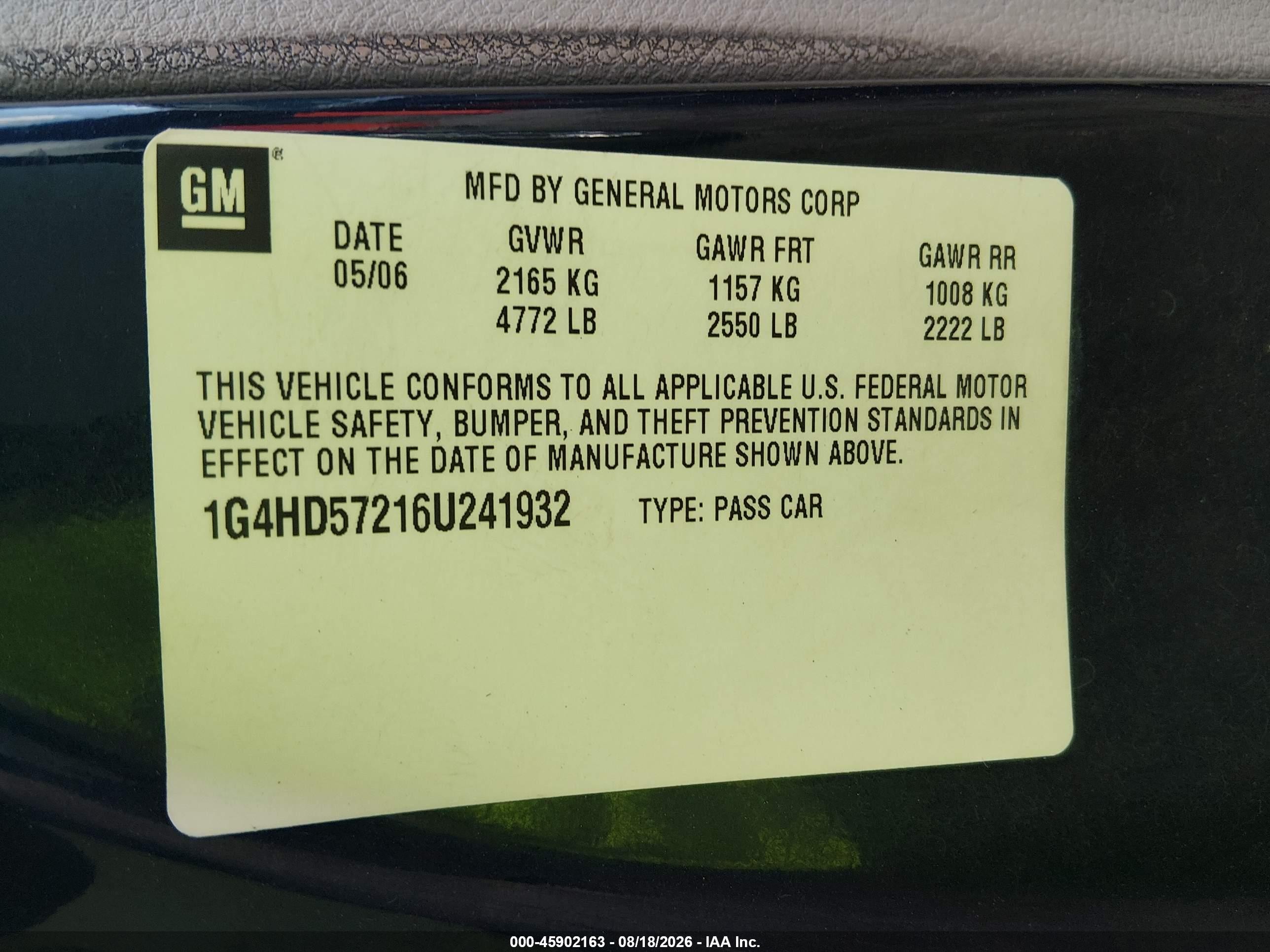 2006 Buick Lucerne Cxl Blue vin: 1G4HD57216U241932