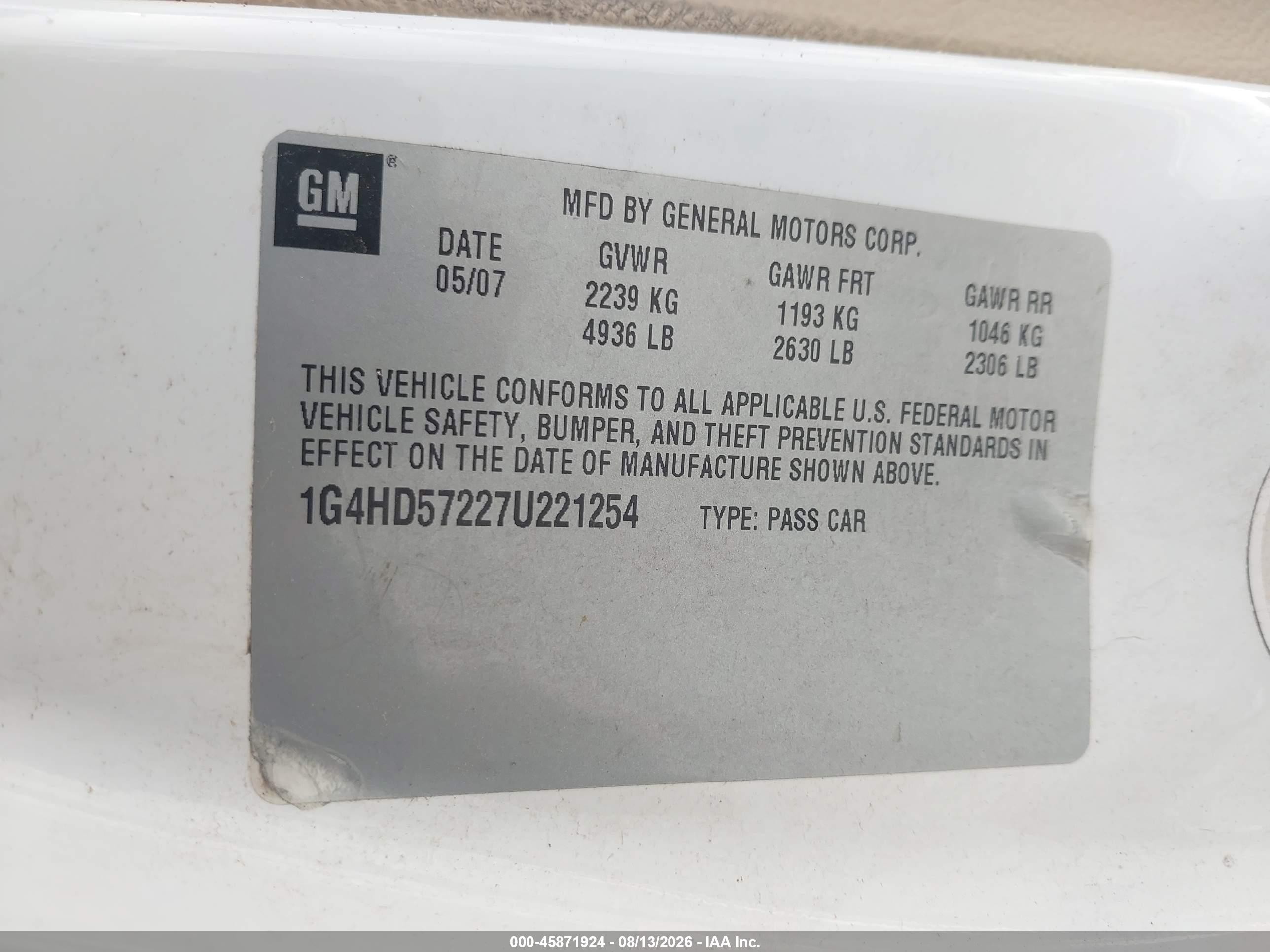 2007 Buick Lucerne Cxl White vin: 1G4HD57227U221254