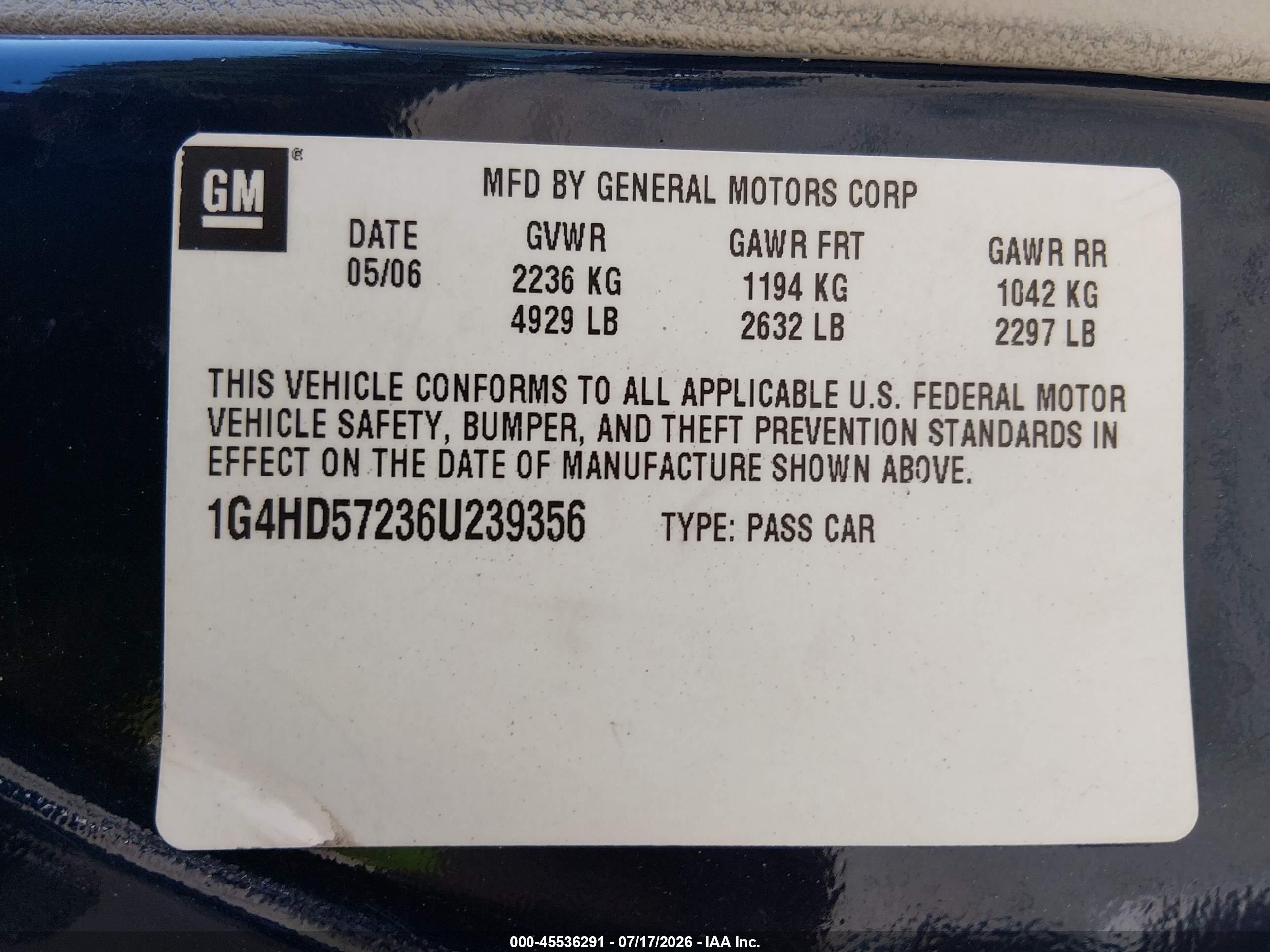 2006 Buick Lucerne Cxl Синий vin: 1G4HD57236U239356