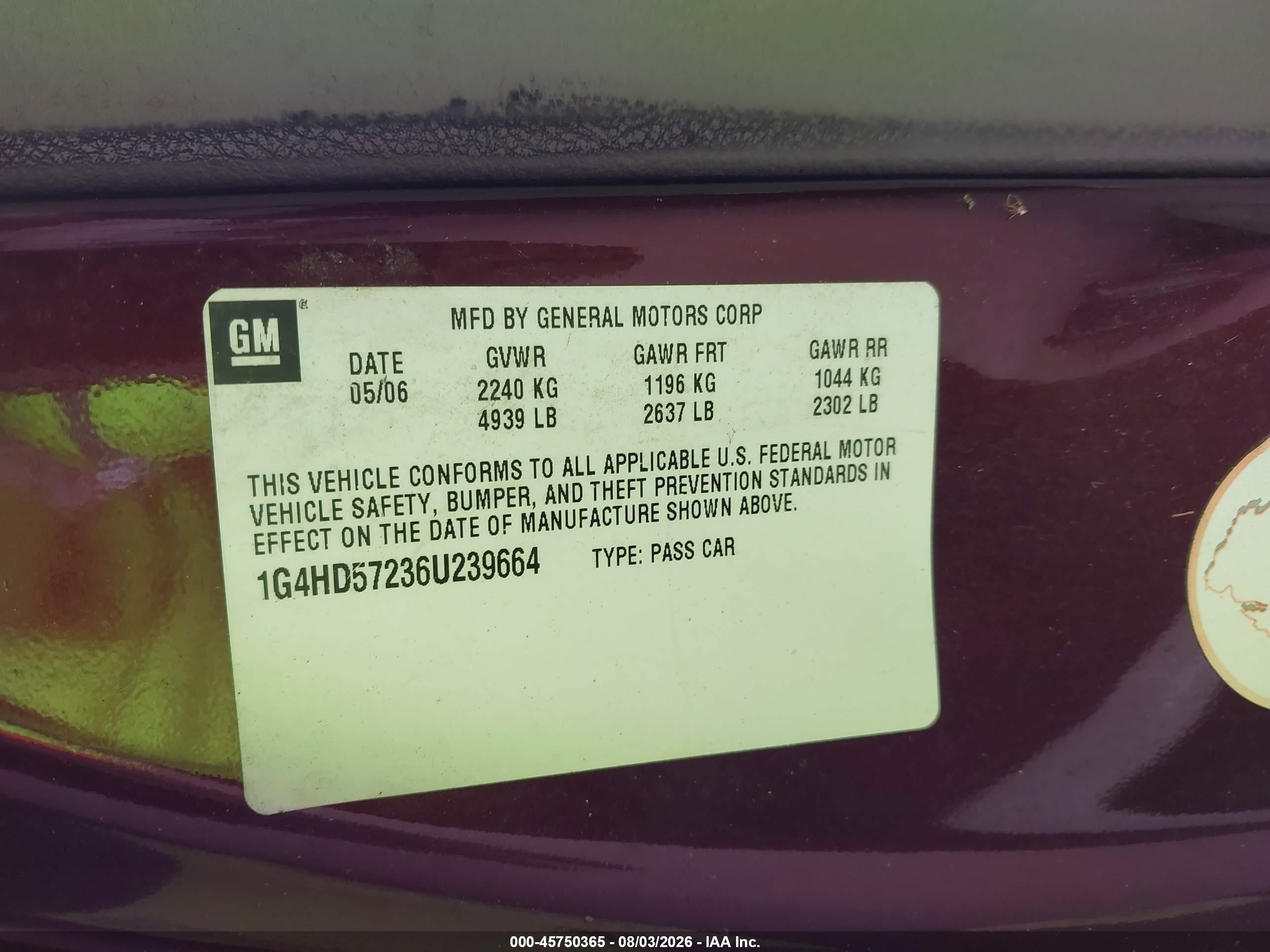 2006 Buick Lucerne Cxl Burgundy vin: 1G4HD57236U239664