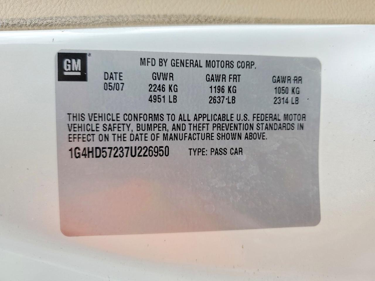 2007 Buick Lucerne Cxl White vin: 1G4HD57237U226950
