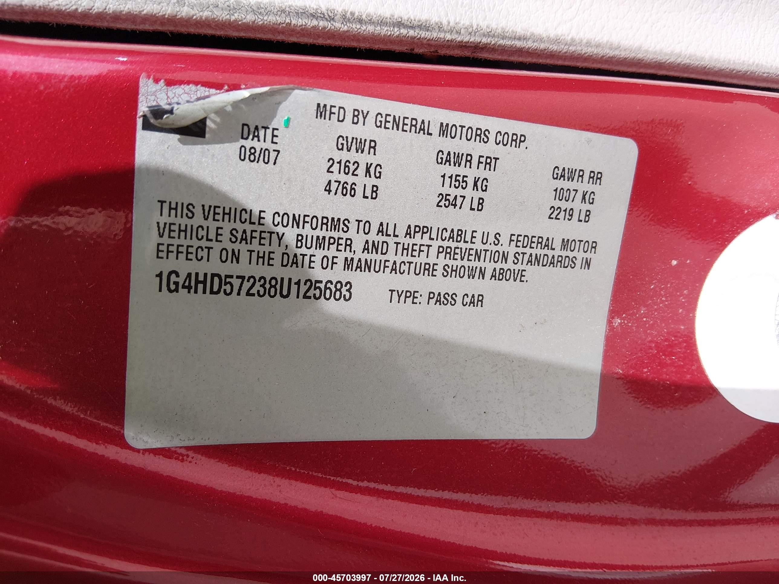2008 Buick Lucerne Cxl Красный vin: 1G4HD57238U125683