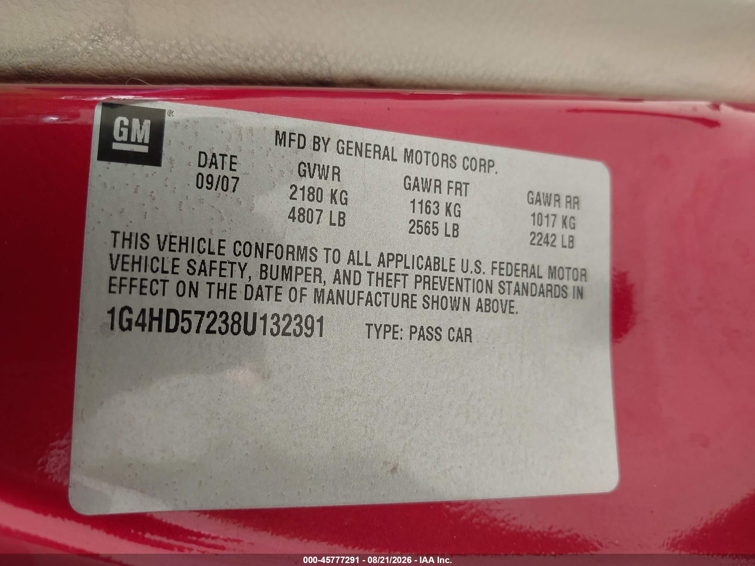2008 Buick Lucerne Cxl Burgundy vin: 1G4HD57238U132391
