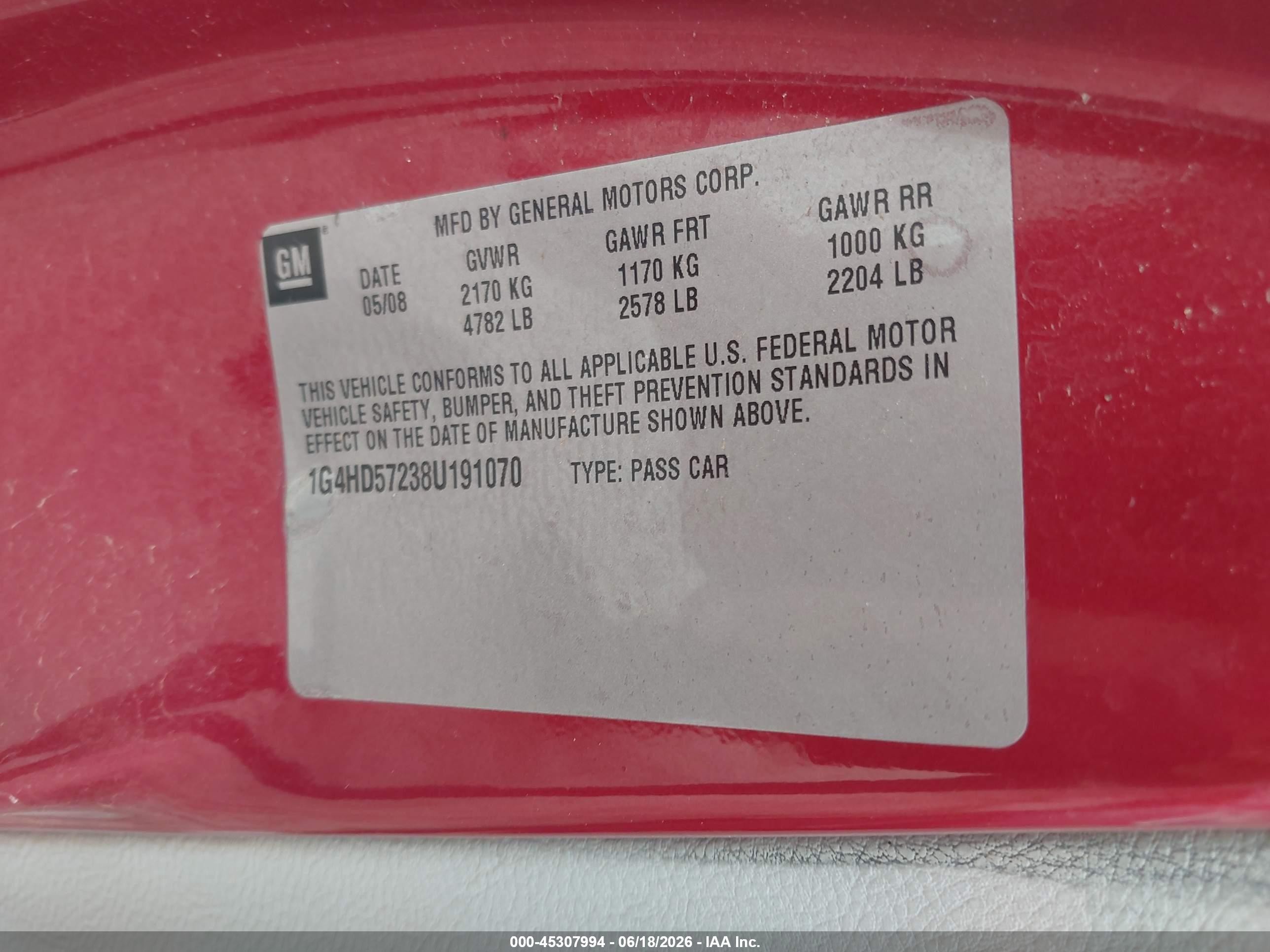 2008 Buick Lucerne Cxl Burgundy vin: 1G4HD57238U191070