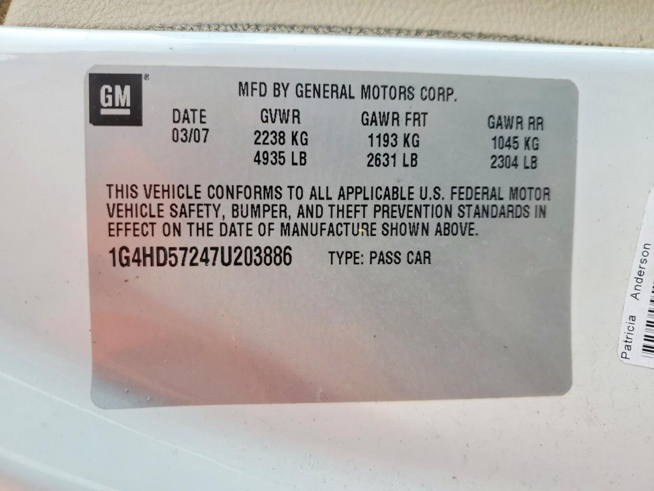2007 Buick Lucerne Cxl White vin: 1G4HD57247U203886