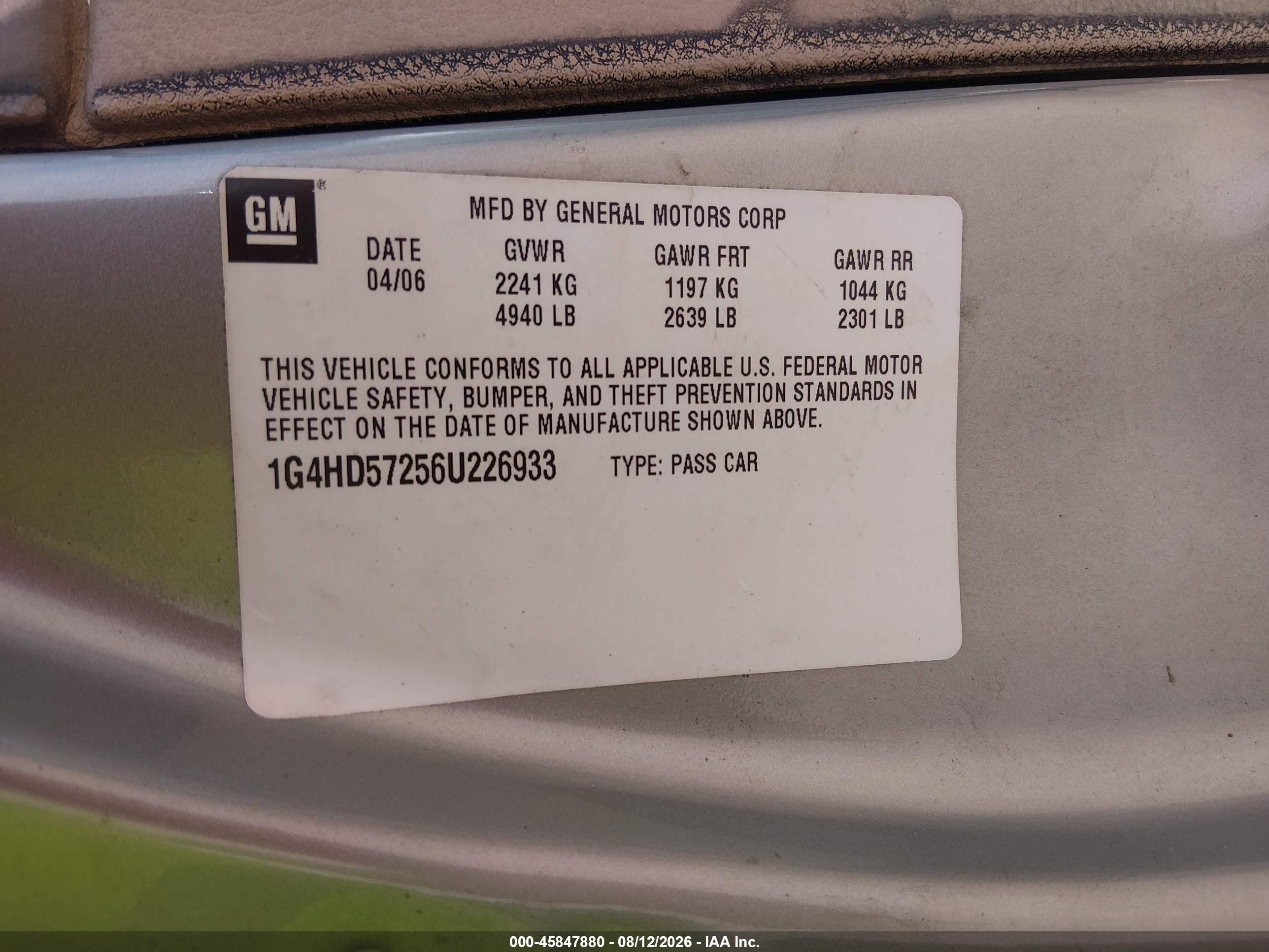 2006 Buick Lucerne Cxl Green vin: 1G4HD57256U226933