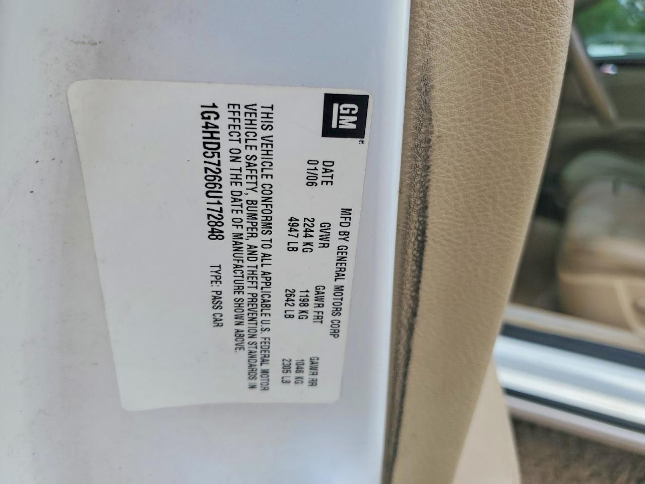 2006 Buick Lucerne Cxl White vin: 1G4HD57266U172848
