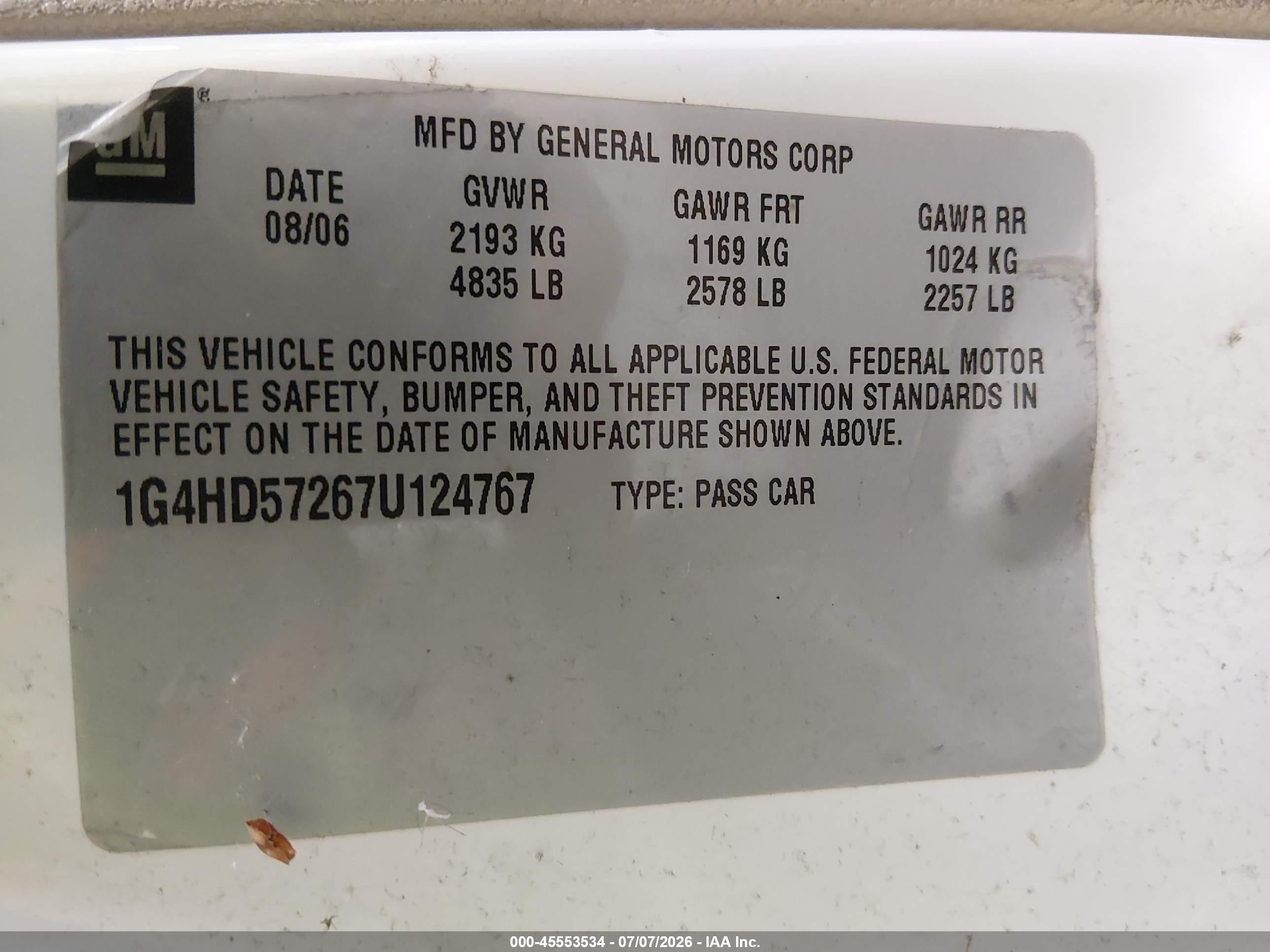 2007 Buick Lucerne Cxl White vin: 1G4HD57267U124767