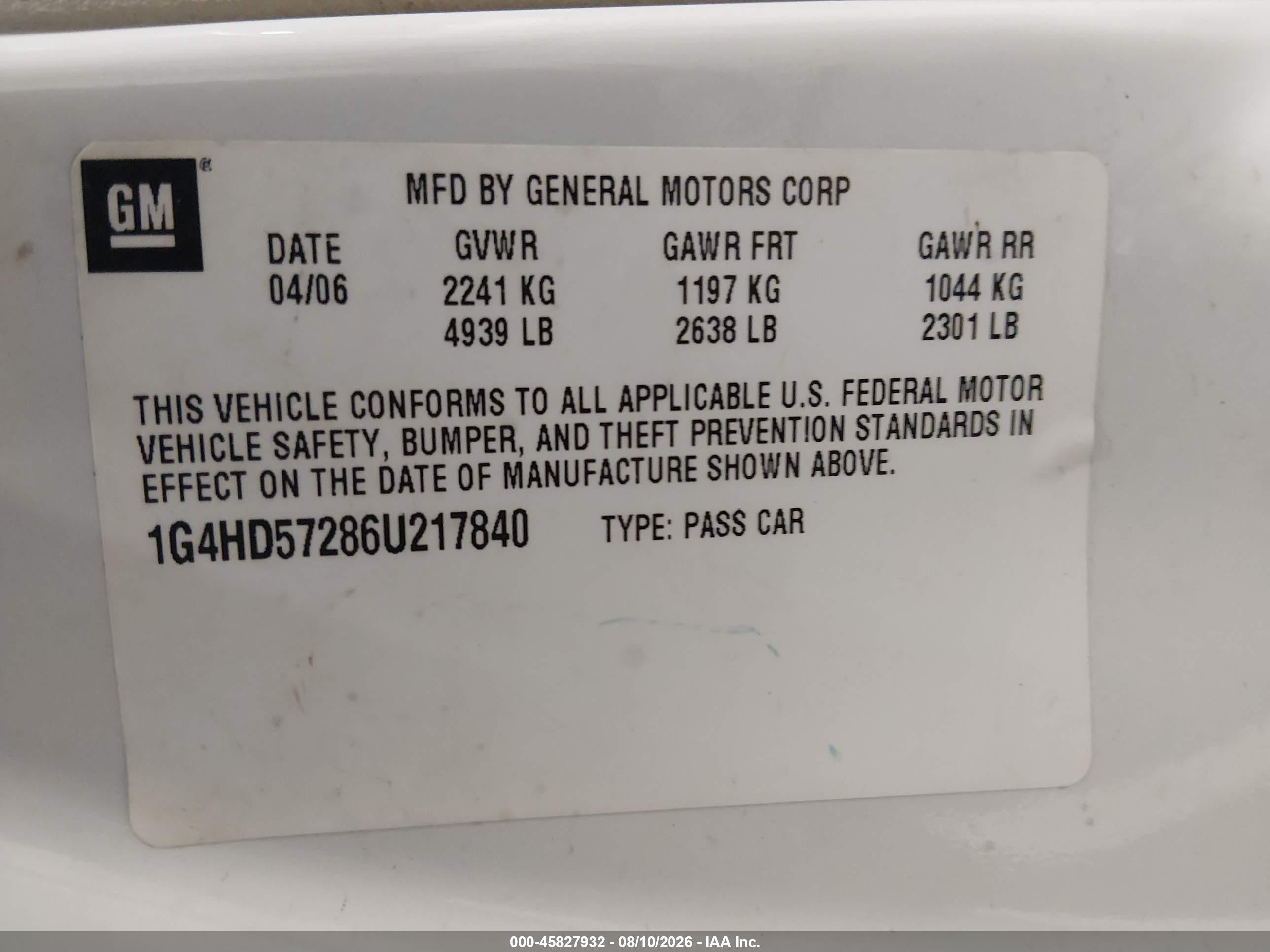 2006 Buick Lucerne Cxl White vin: 1G4HD57286U217840
