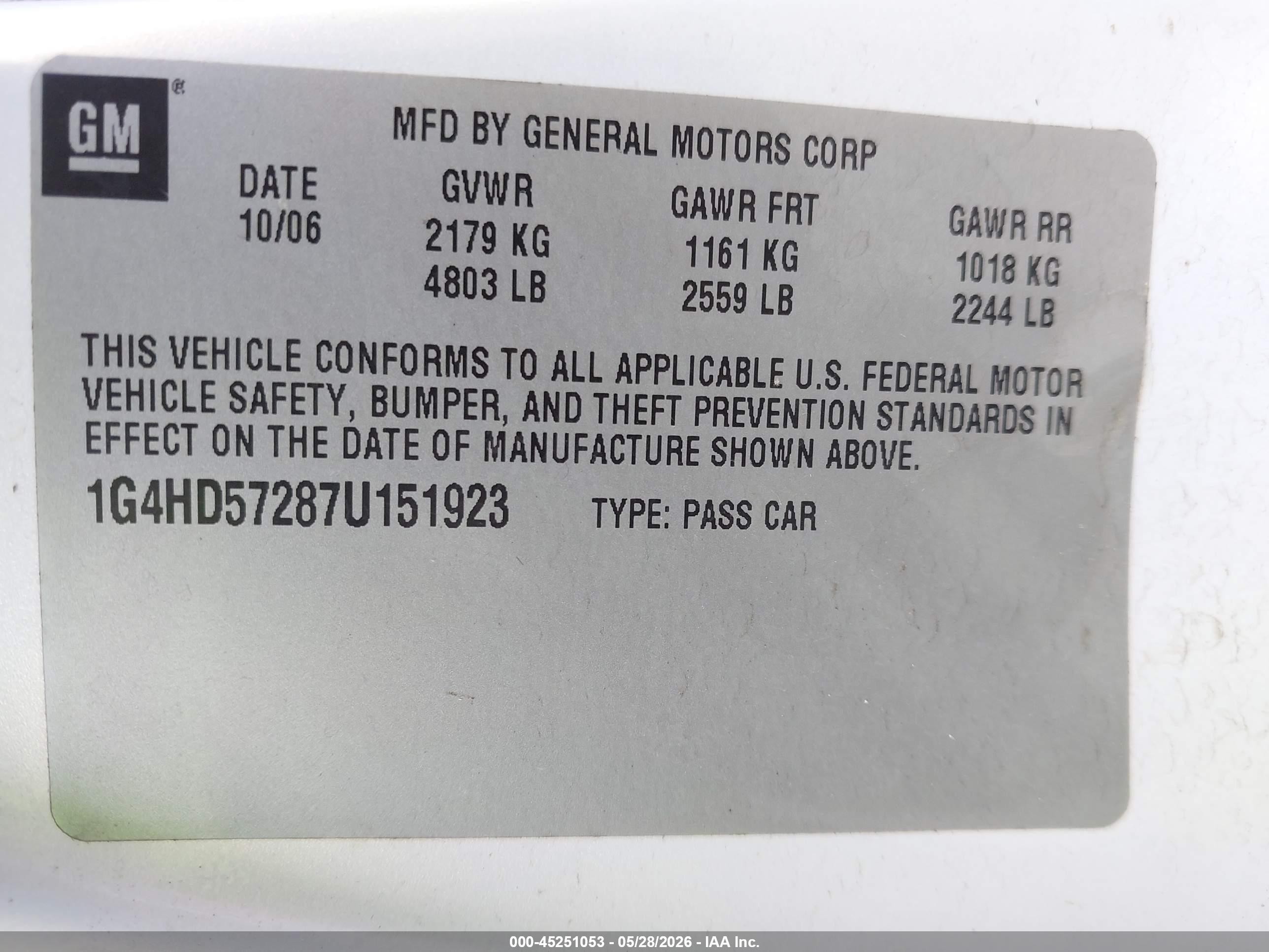 2007 Buick Lucerne Cxl White vin: 1G4HD57287U151923