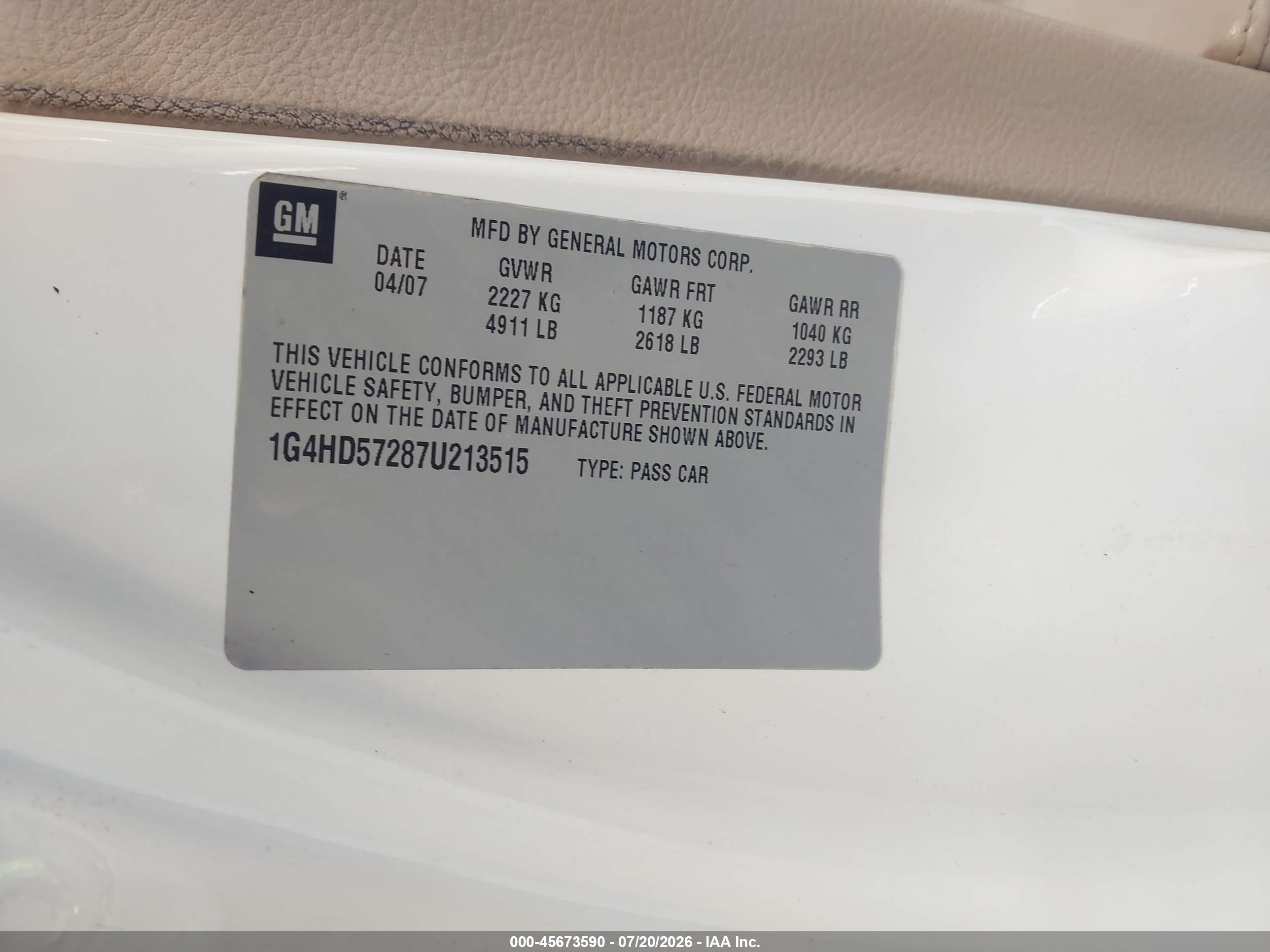 2007 Buick Lucerne Cxl White vin: 1G4HD57287U213515
