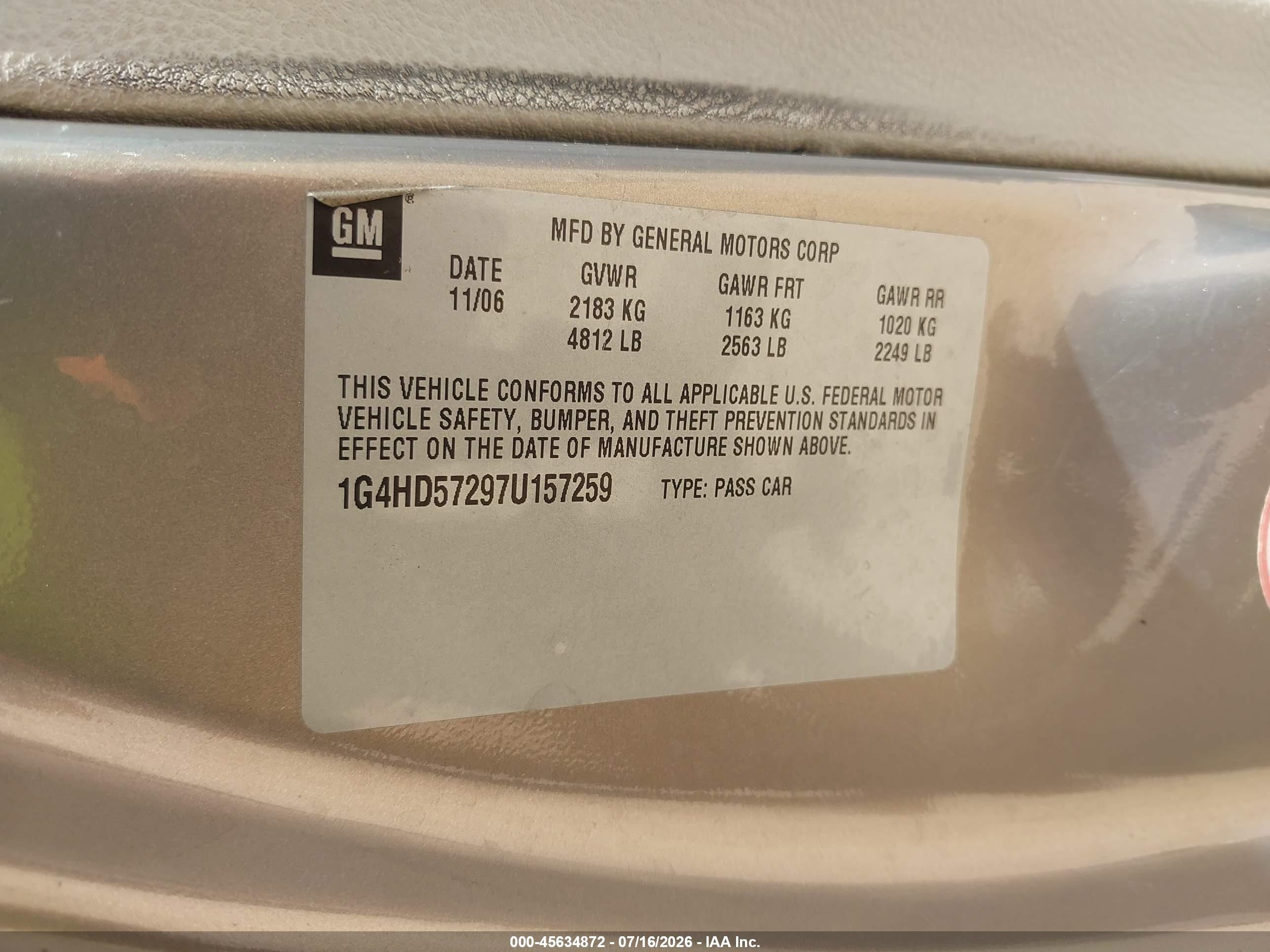 2007 Buick Lucerne Cxl Gold vin: 1G4HD57297U157259