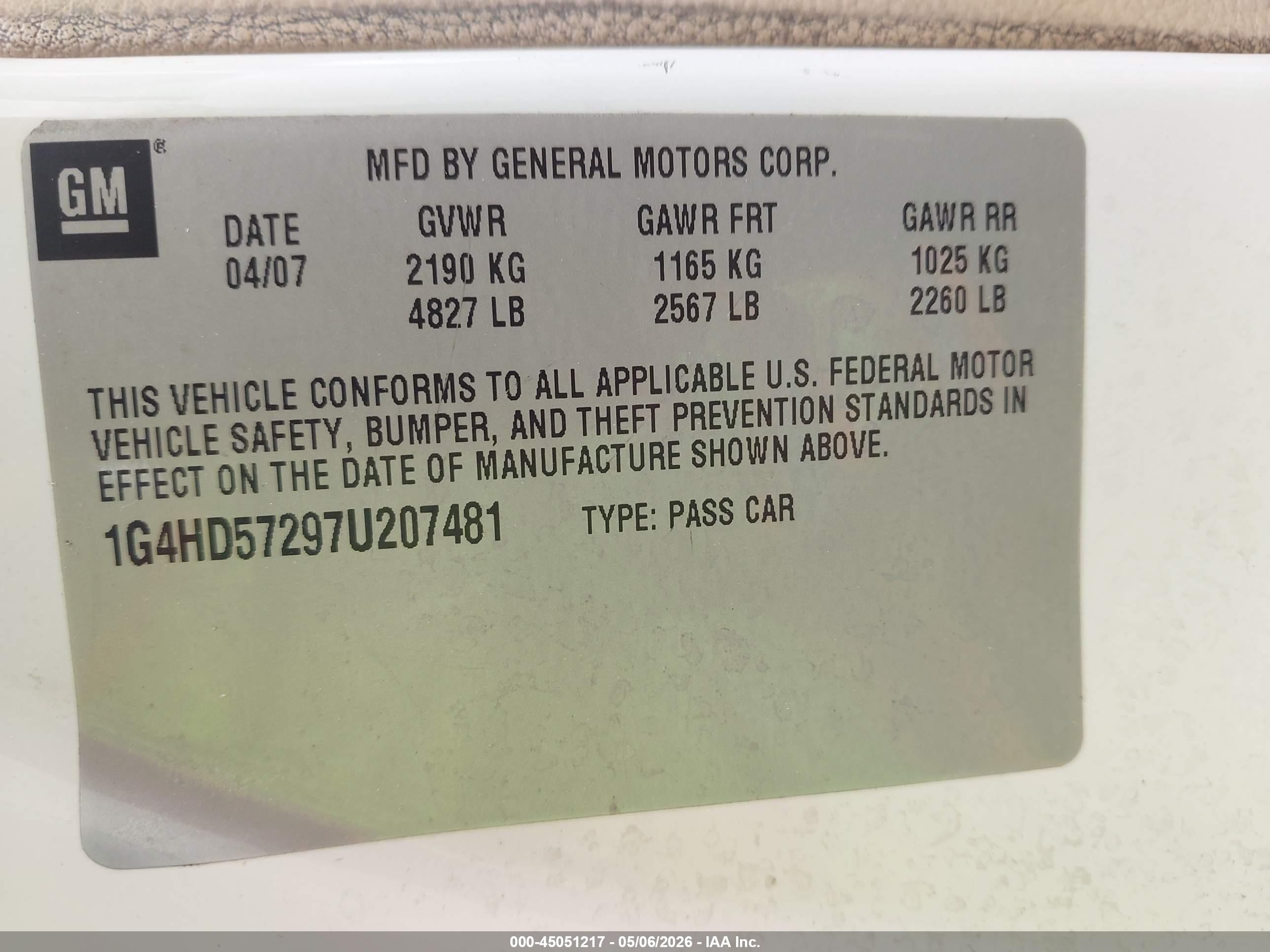 2007 Buick Lucerne Cxl Белый vin: 1G4HD57297U207481