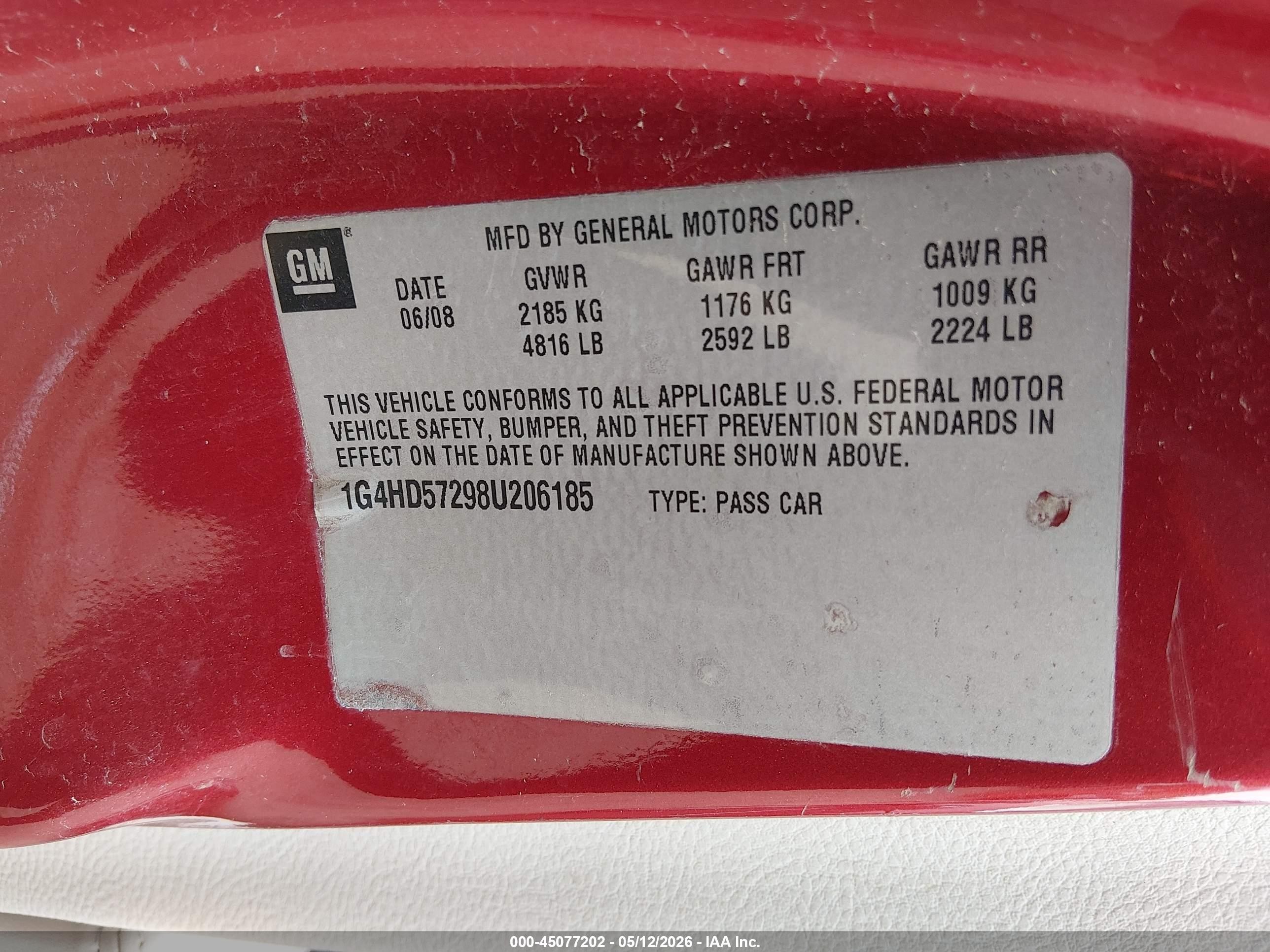 2008 Buick Lucerne Cxl Красный vin: 1G4HD57298U206185