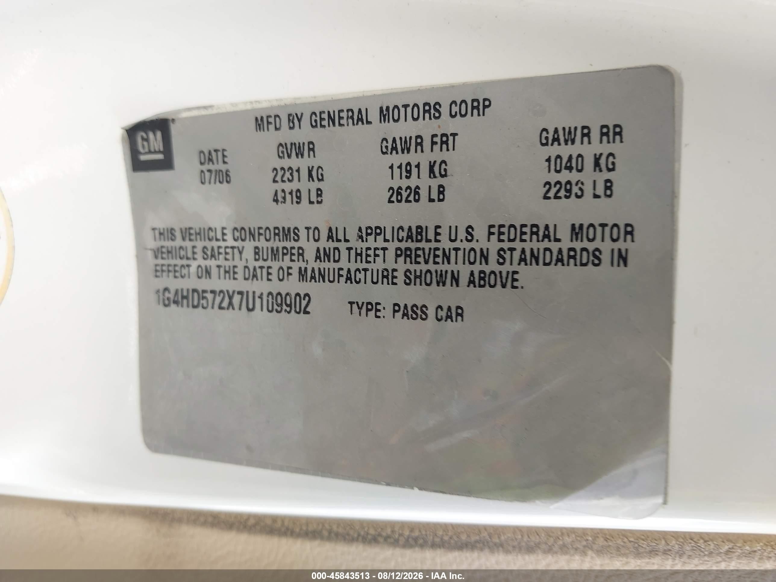 2007 Buick Lucerne Cxl White vin: 1G4HD572X7U109902