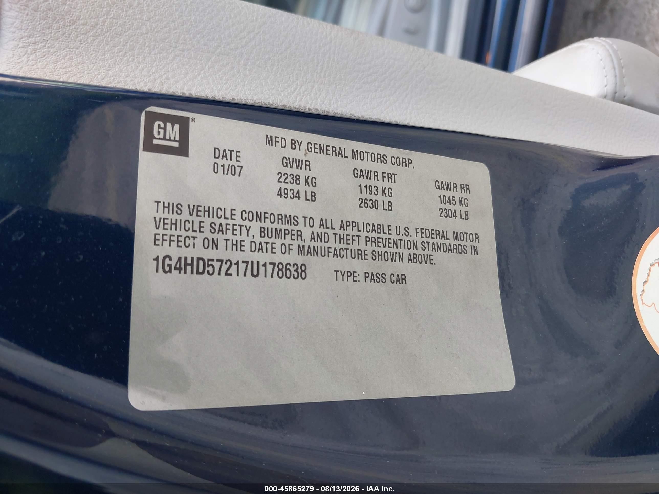2007 Buick Lucerne   Blue vin: 1G4HE57217U178638