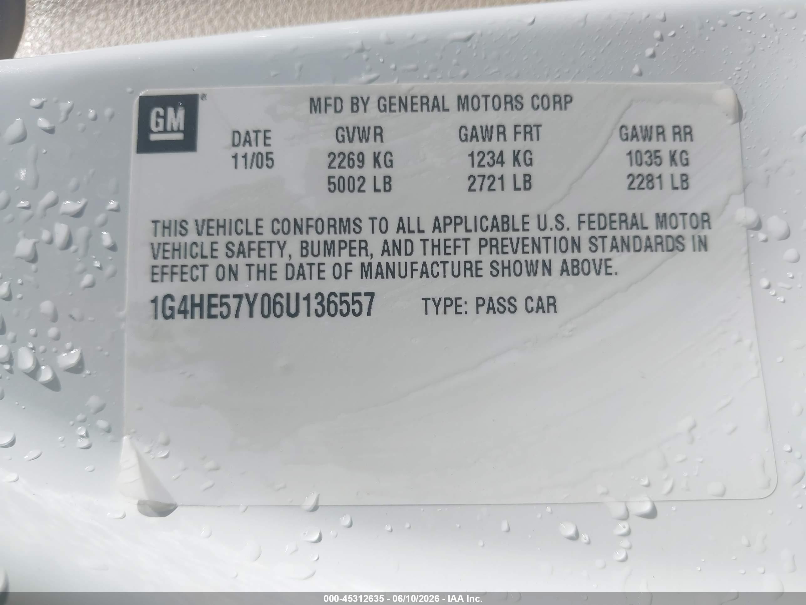 2006 Buick Lucerne Cxs White vin: 1G4HE57Y06U136557