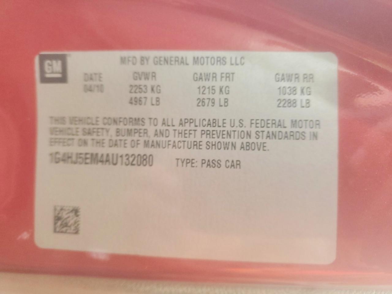 2010 Buick Lucerne Cxl Red vin: 1G4HJ5EM4AU132080