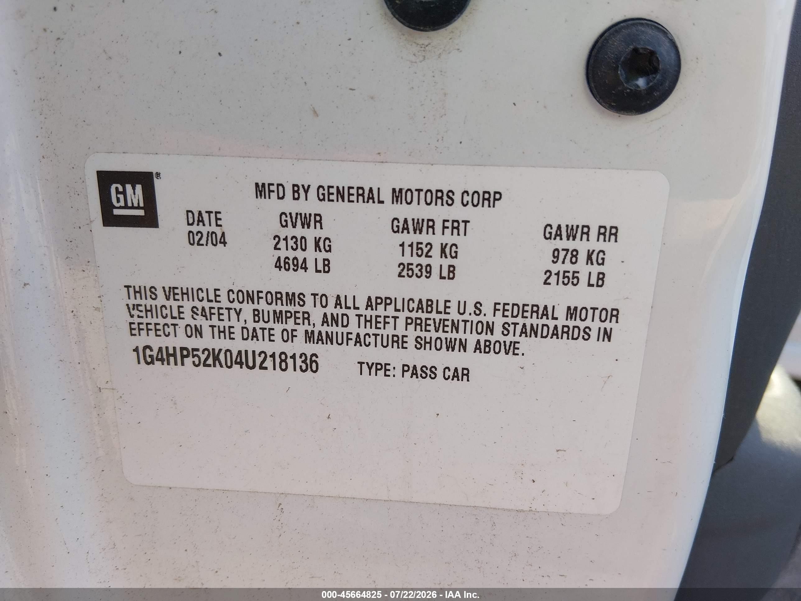 2004 Buick Lesabre Custom White vin: 1G4HP52K04U218136