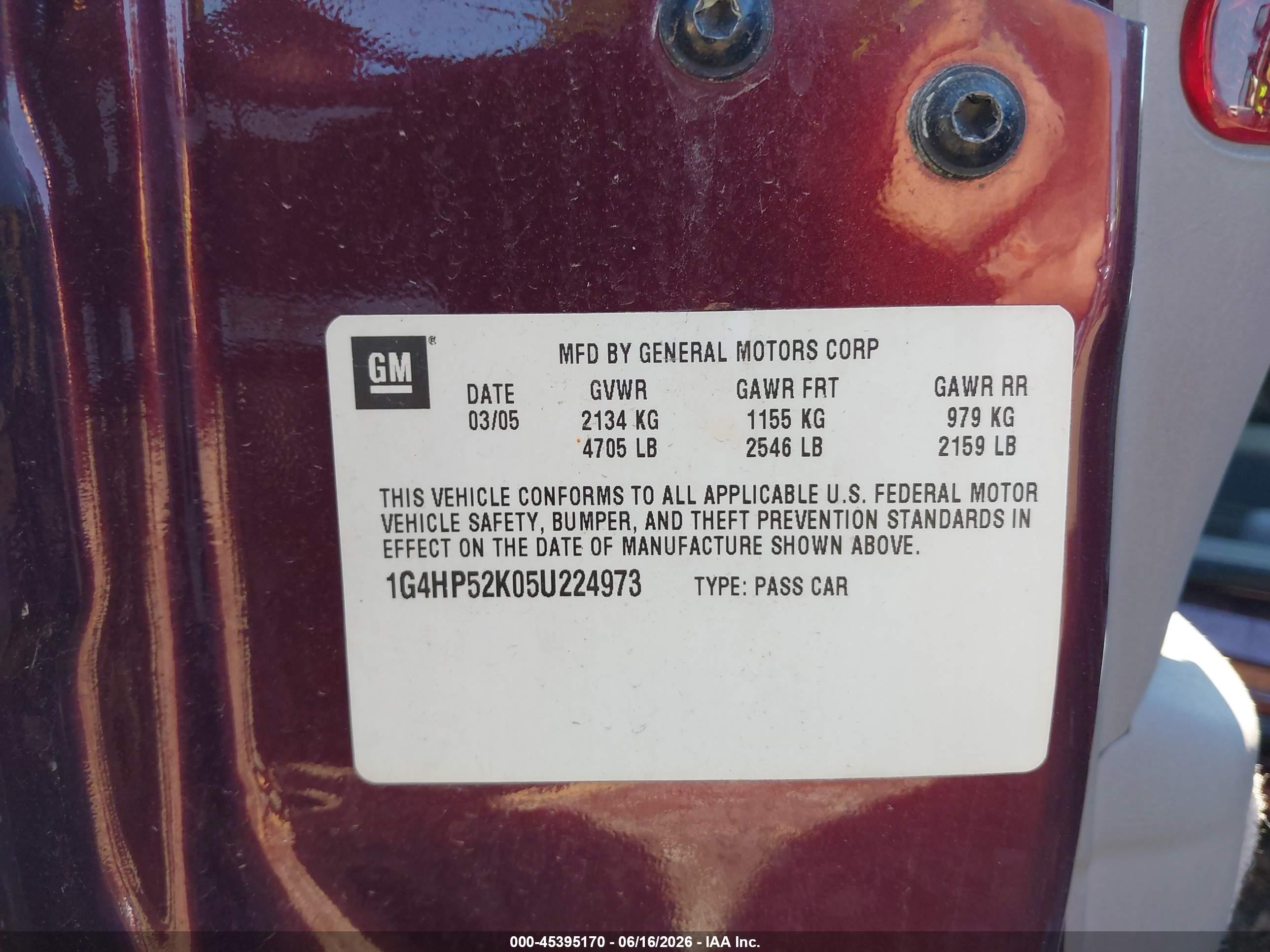 2005 Buick Lesabre Custom Maroon vin: 1G4HP52K05U224973