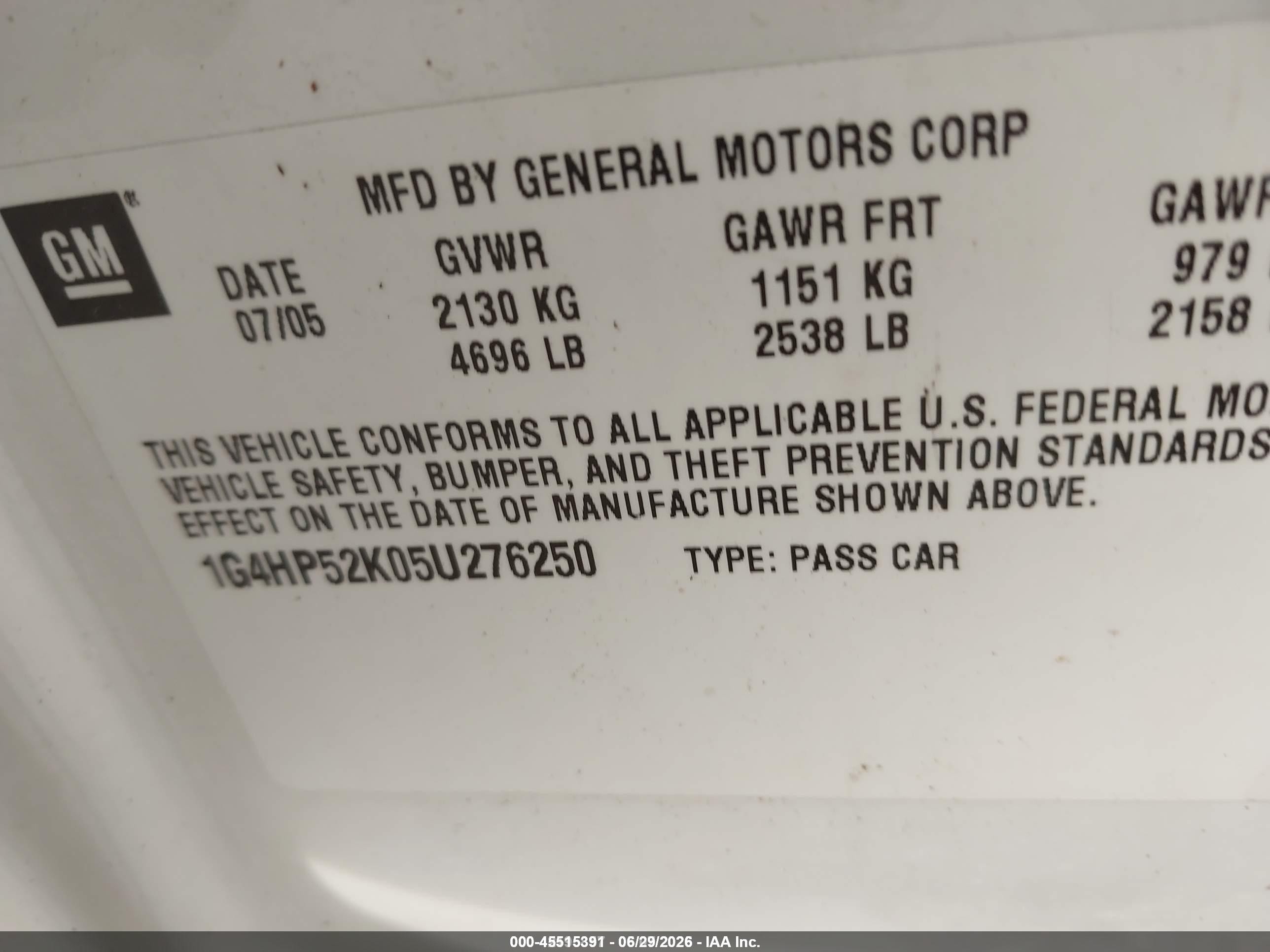 2005 Buick Lesabre Custom White vin: 1G4HP52K05U276250