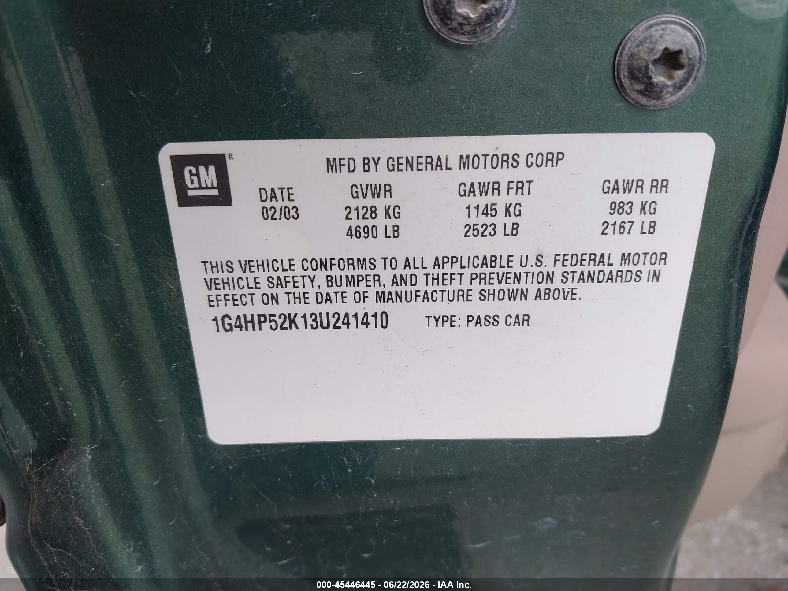 2003 Buick Lesabre Custom Green vin: 1G4HP52K13U241410