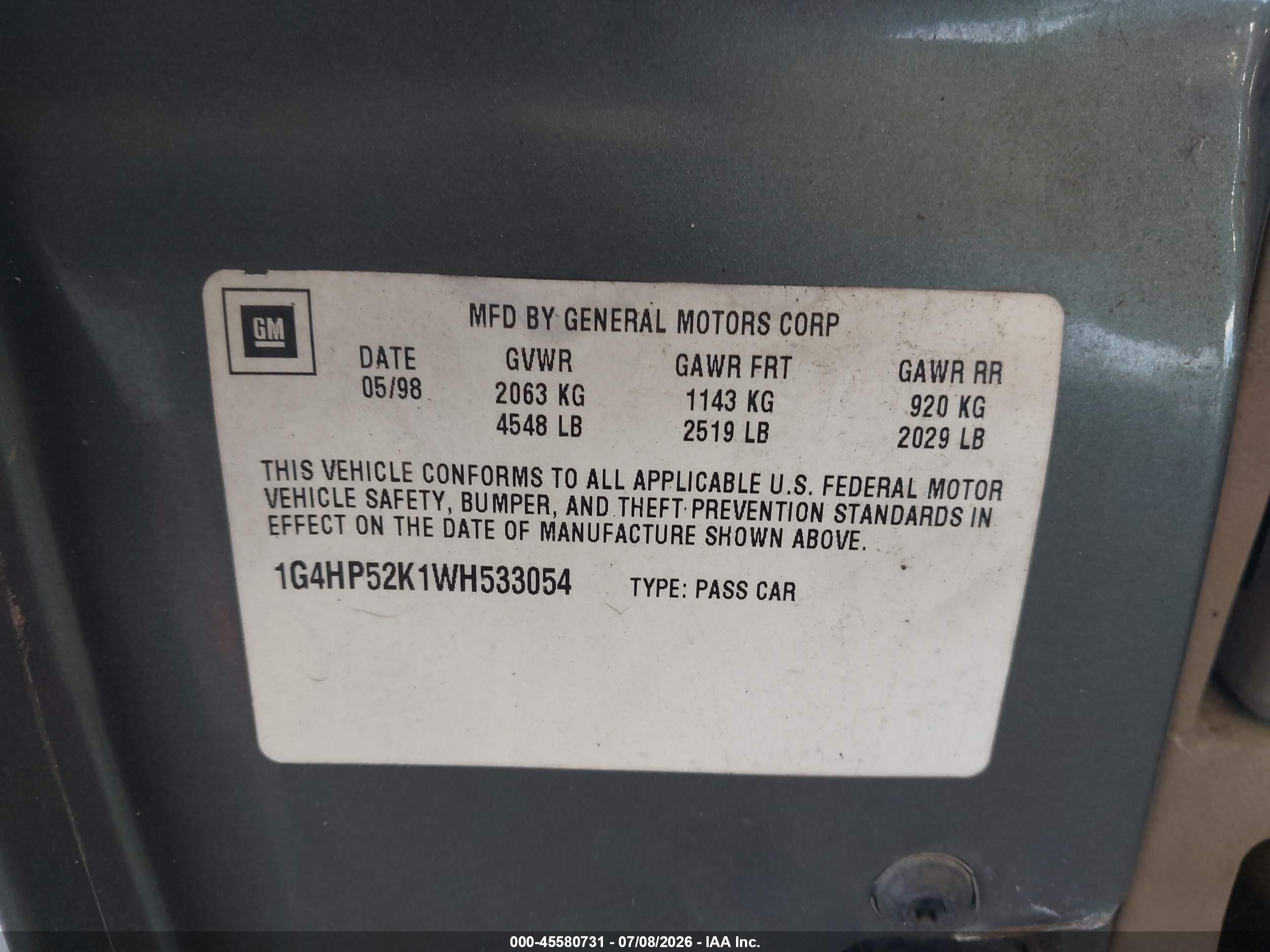 1998 Buick Lesabre Custom Зеленый vin: 1G4HP52K1WH533054