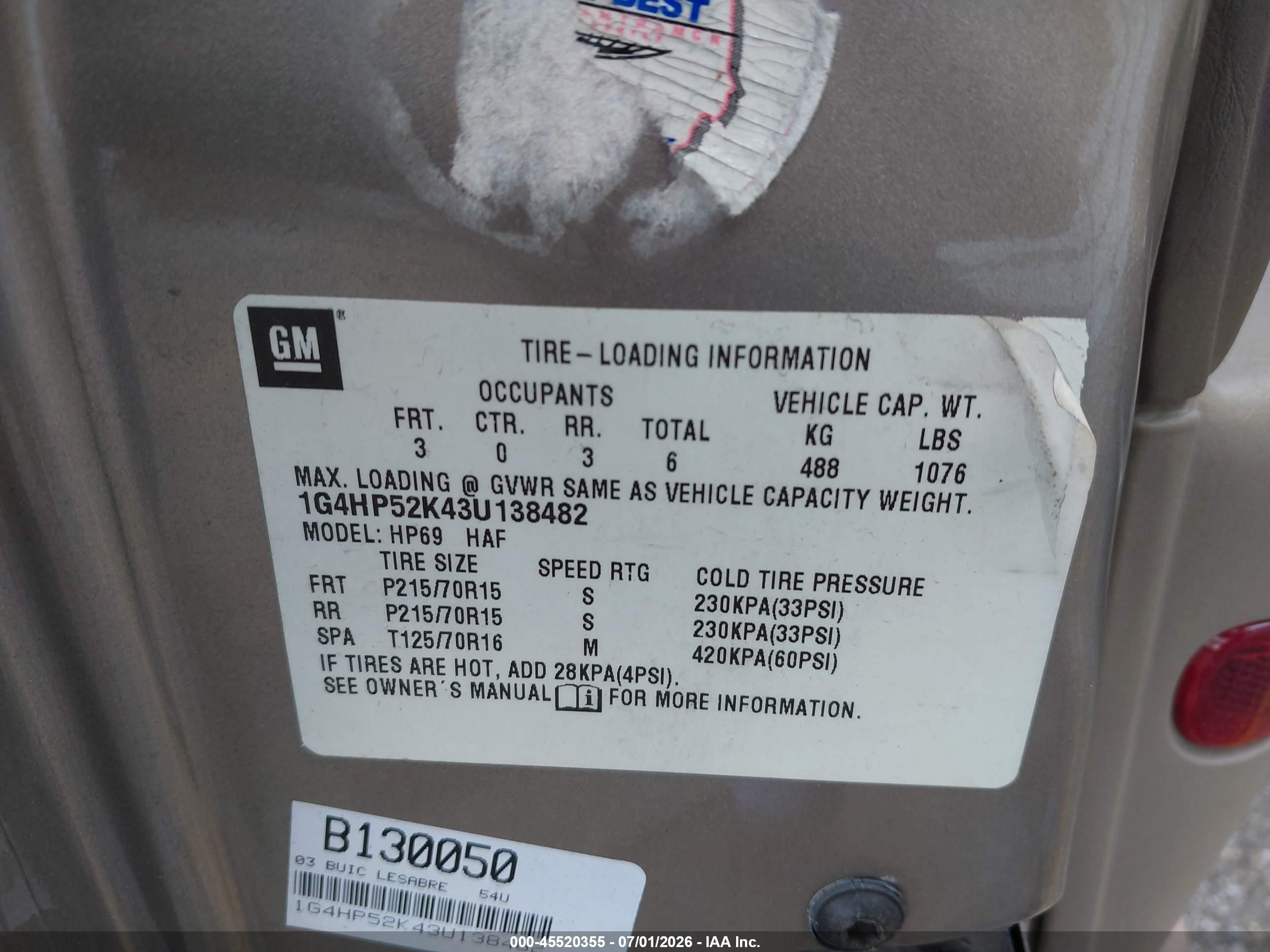 2003 Buick Lesabre Custom Бежевый vin: 1G4HP52K43U138482