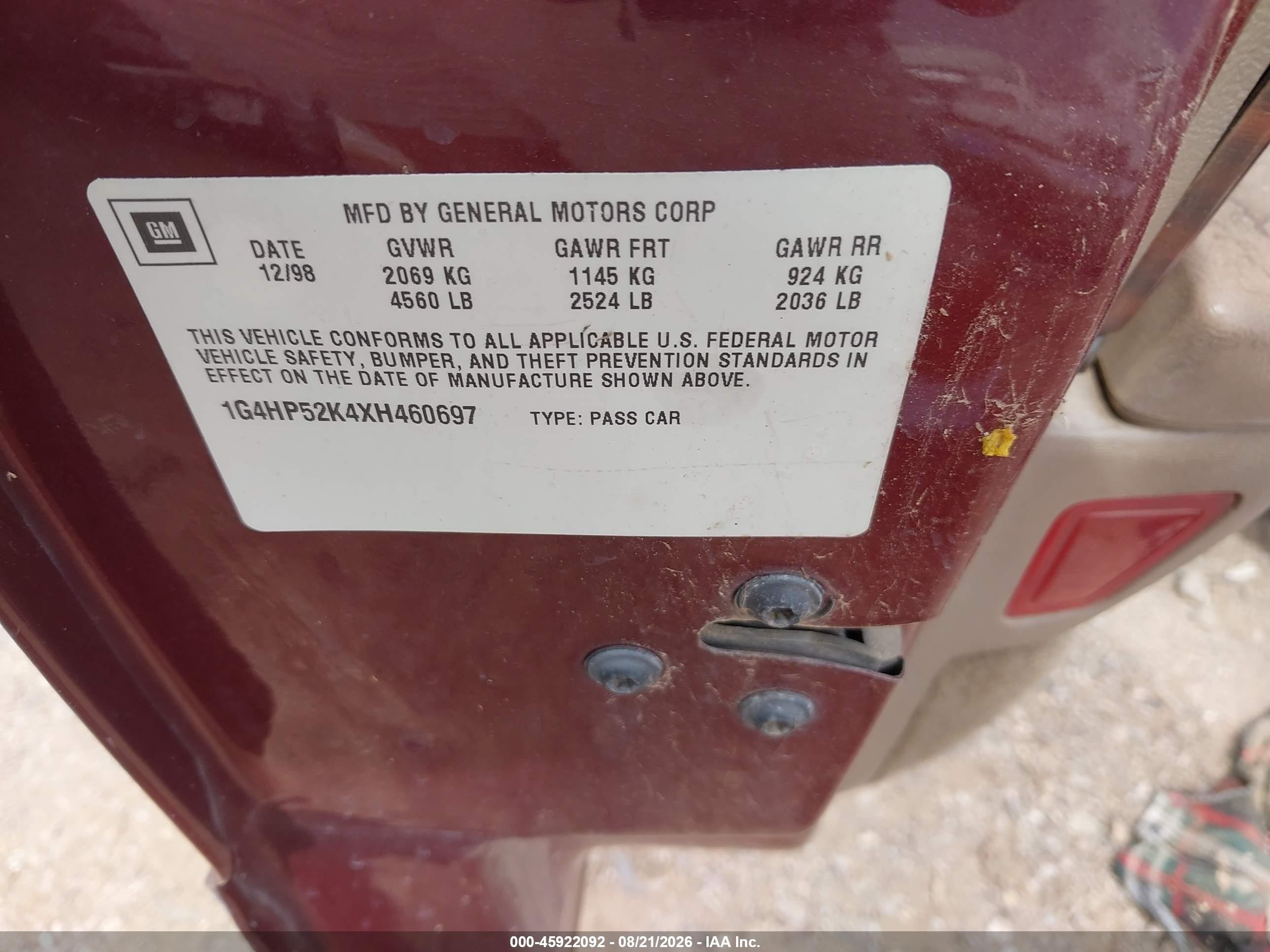1999 Buick Lesabre Custom Red vin: 1G4HP52K4XH460697