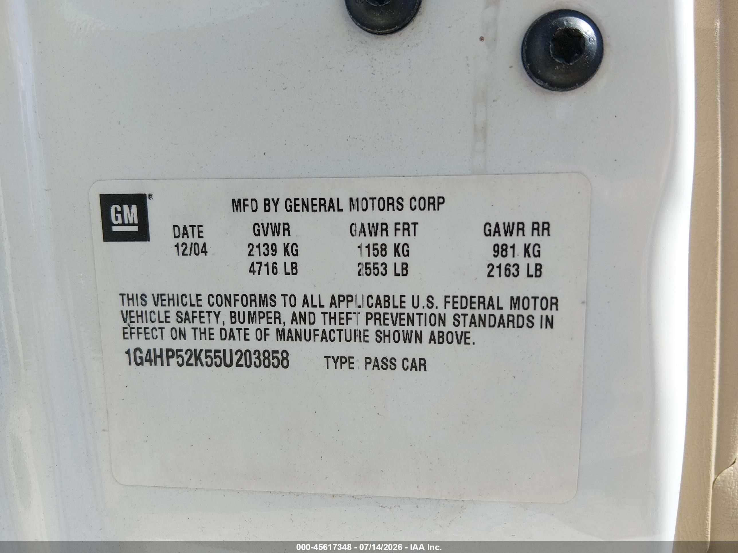 2005 Buick Lesabre Custom White vin: 1G4HP52K55U203858