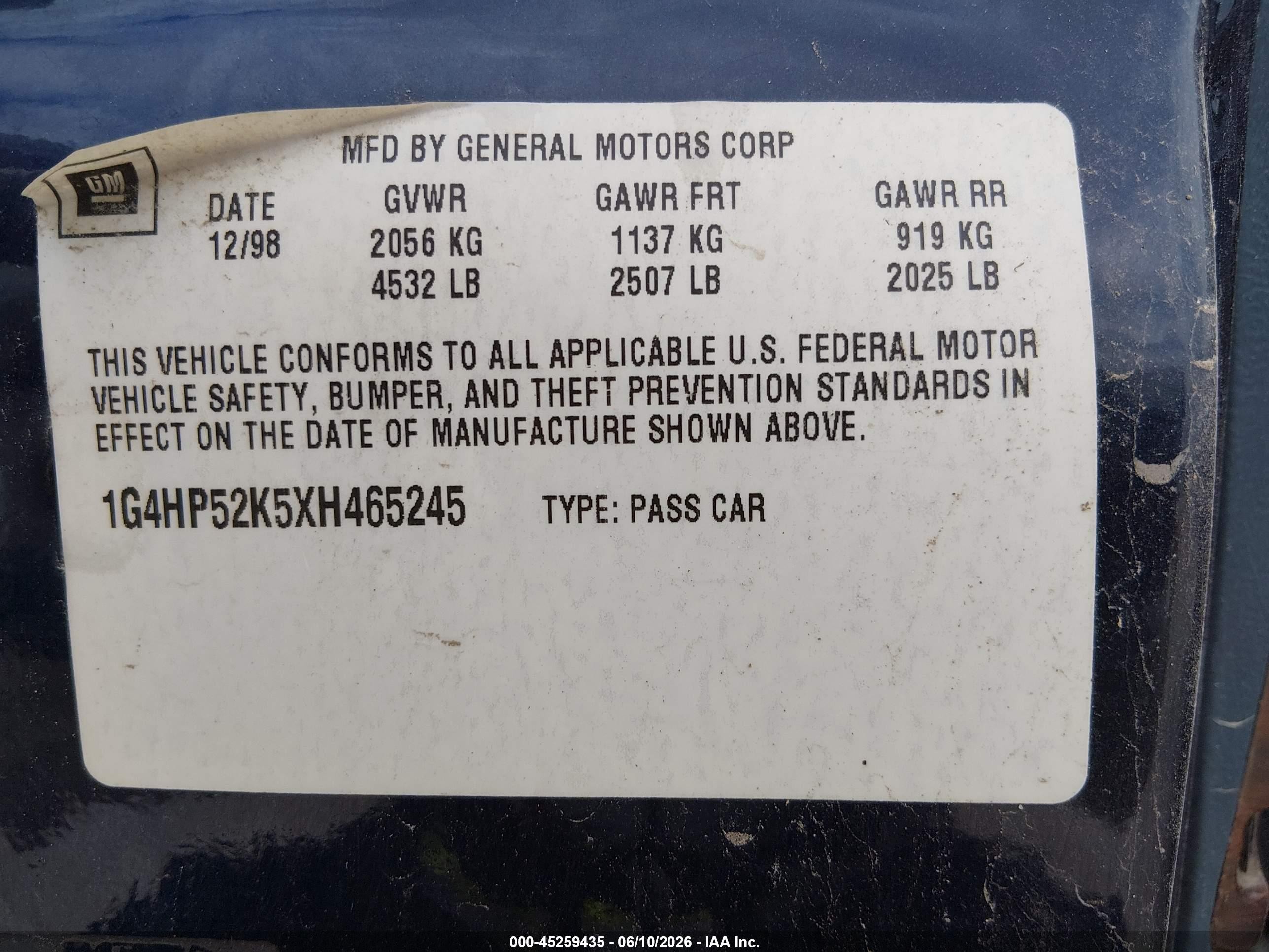 1999 Buick Lesabre Custom Navy vin: 1G4HP52K5XH465245